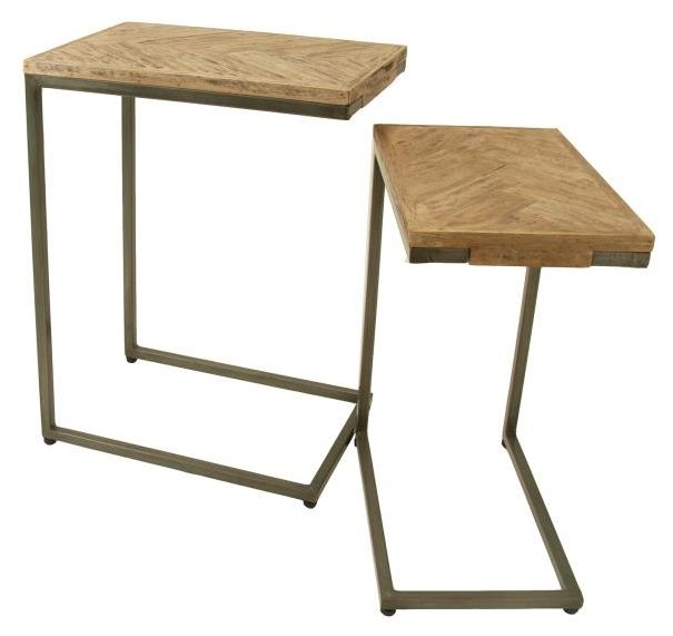 Chevron Set of 2 Mango Wood Supper Tables - Brushed Gunmetal Base