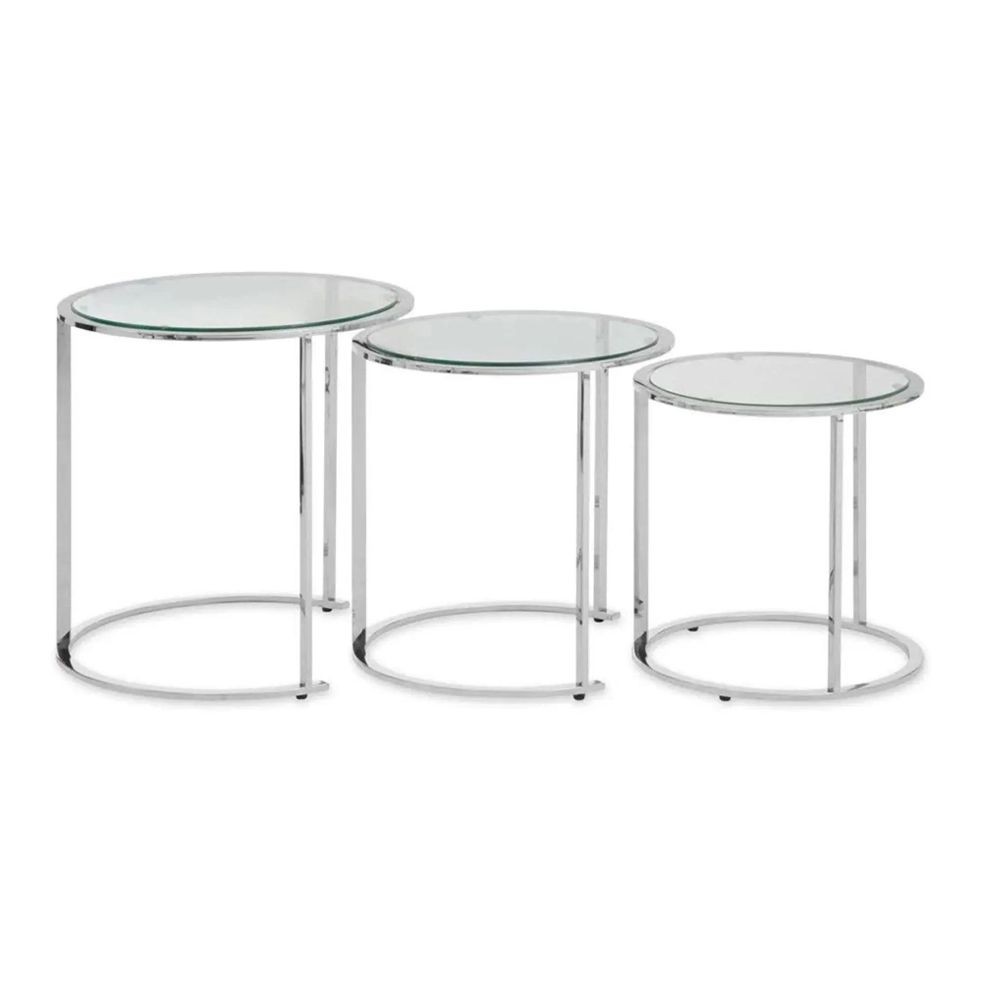 Clearance - Allure Glass Round Nest of 3 Tables with Silver Base - A305