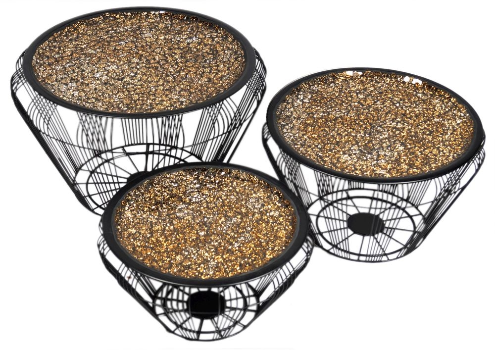 Clearance - Aria Nest of Tables - Set of 3 - Gold Mosaic - Black Wire Base
