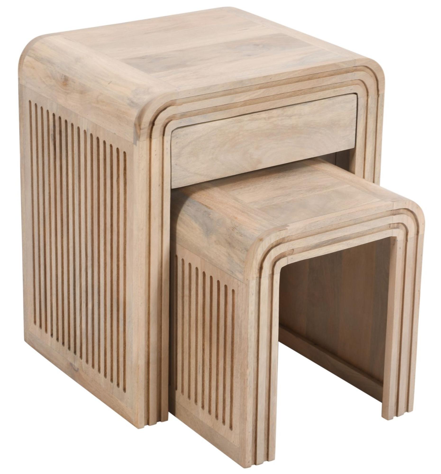 Hanover Ribbed Carved Mango Wood Nest of 2 Tables with Drawer