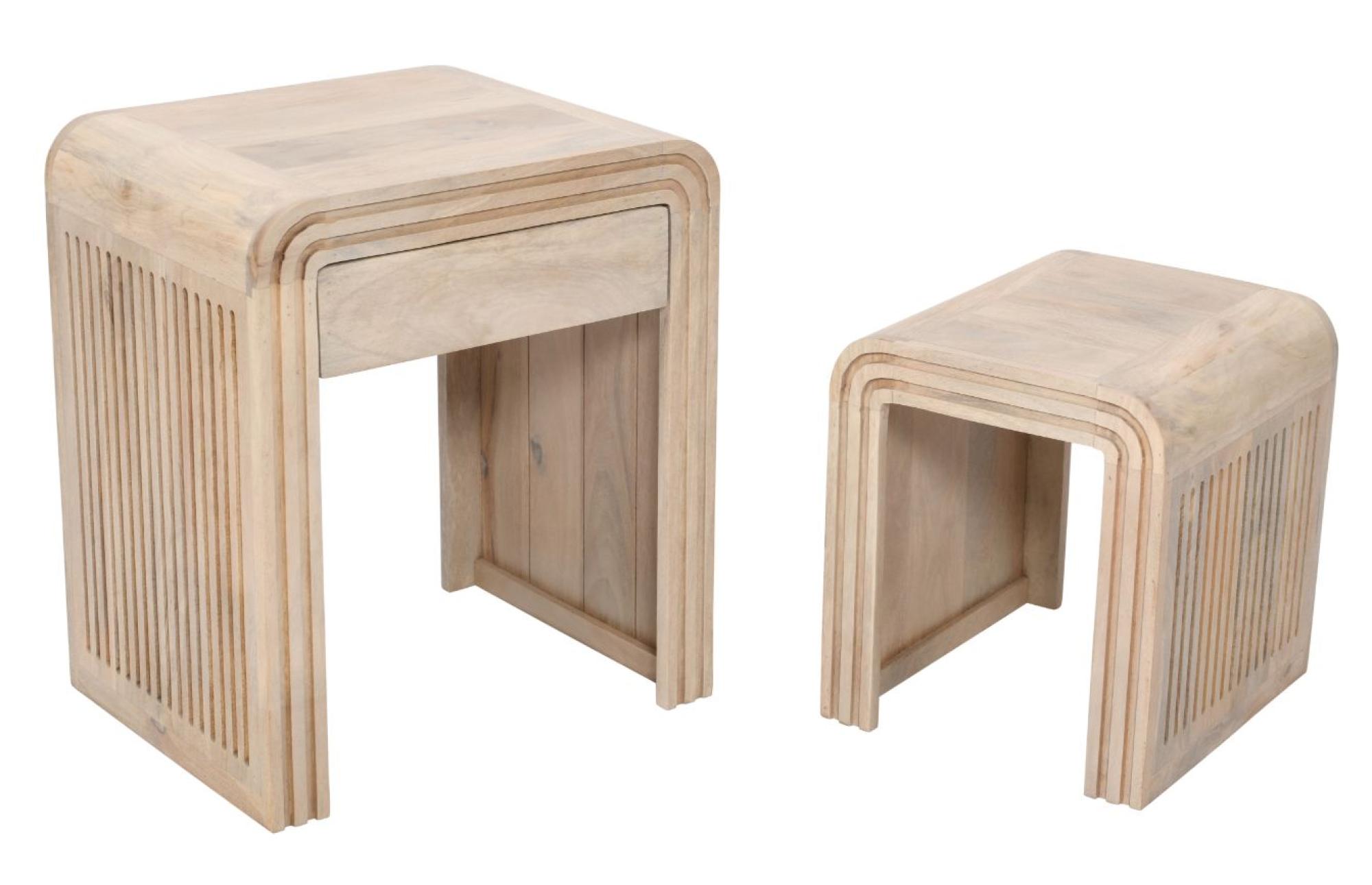 Hanover Ribbed Carved Mango Wood Nest of 2 Tables with Drawer