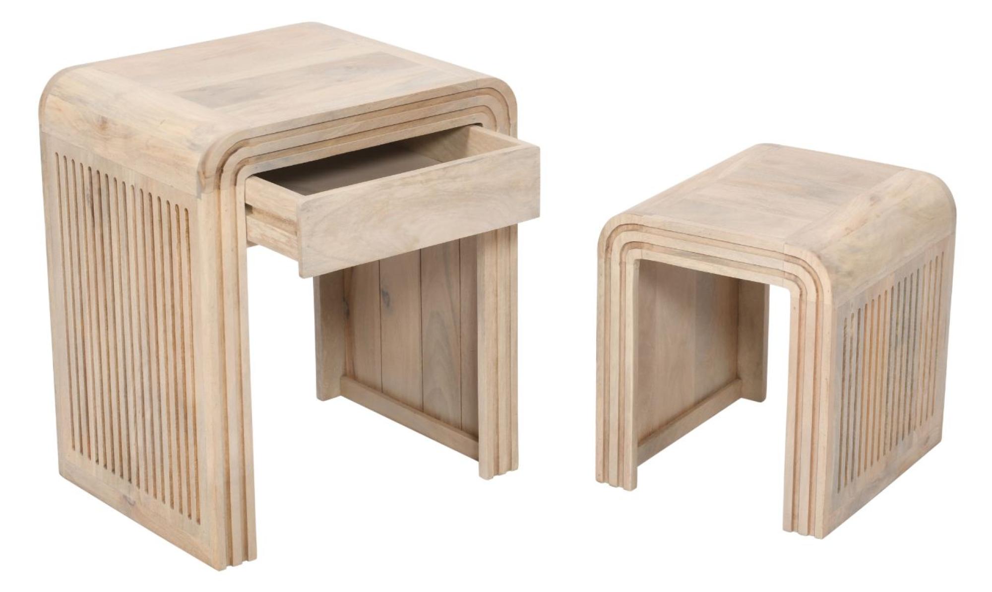 Hanover Ribbed Carved Mango Wood Nest of 2 Tables with Drawer