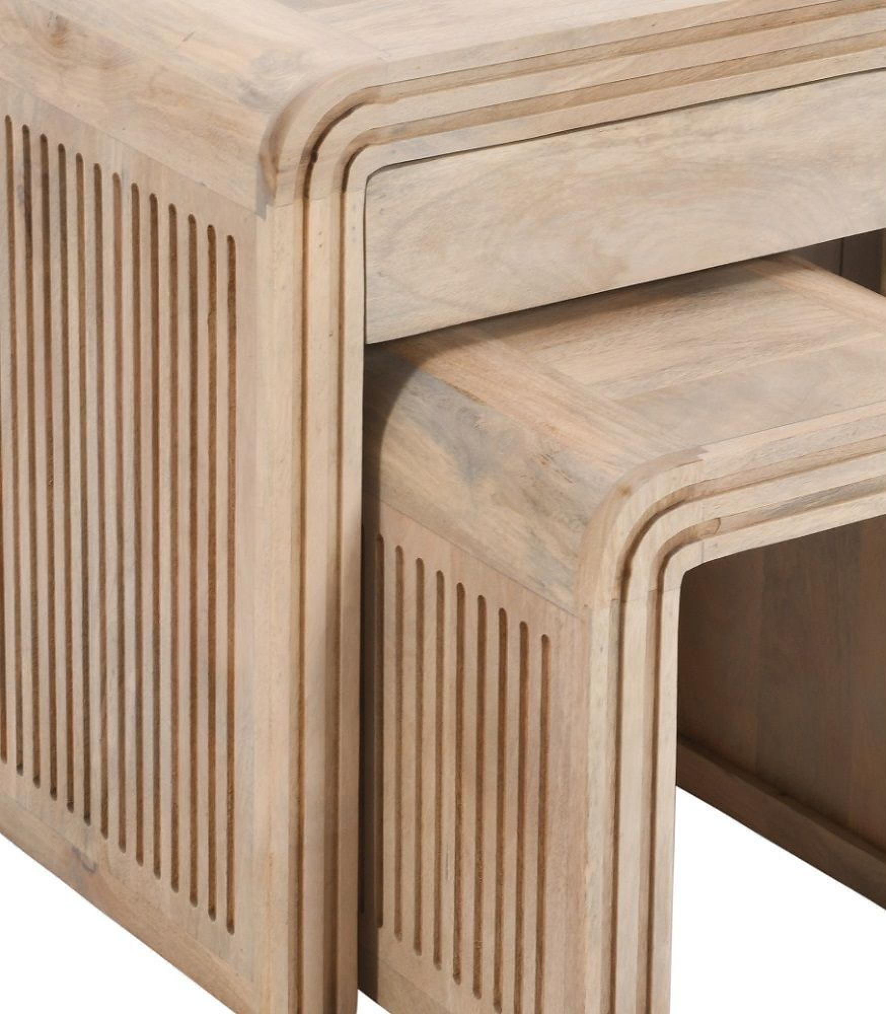 Hanover Ribbed Carved Mango Wood Nest of 2 Tables with Drawer