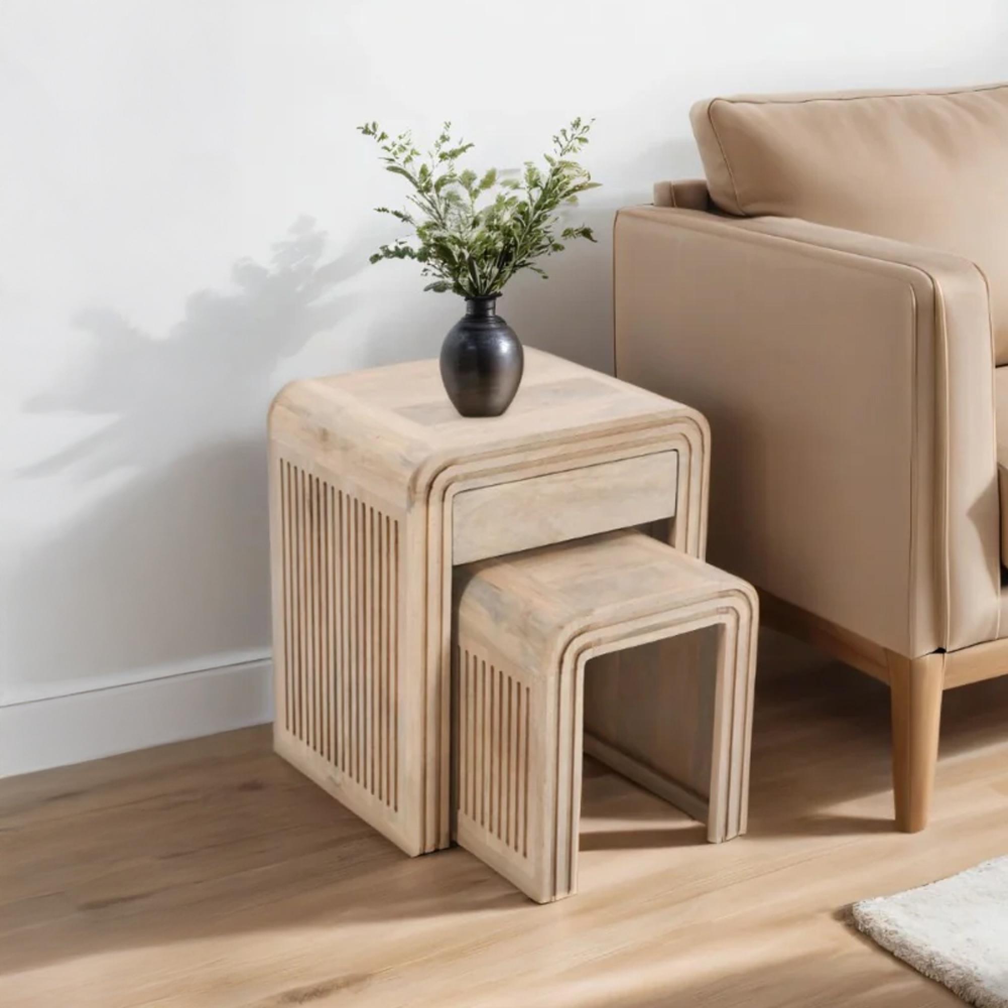 Hudson Nest of Tables - Set of 2 - with Drawer - Ribbed Carved - Mango Wood