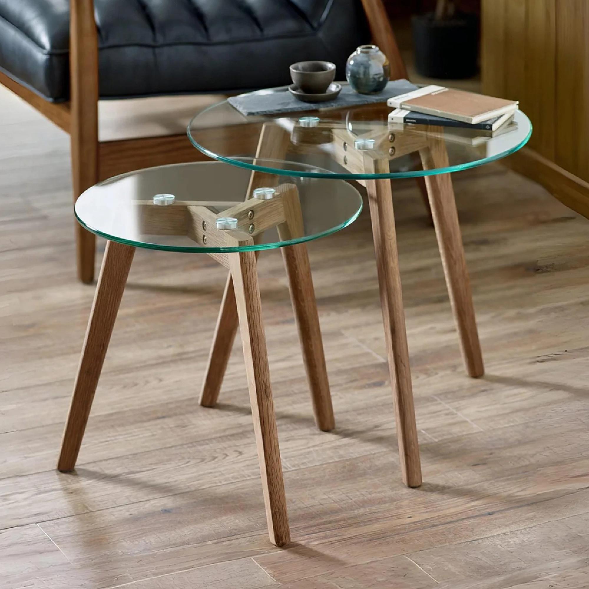 Bryant Nest of 2 Table - Tripod Leg - Round - Natural - Glass and Oak