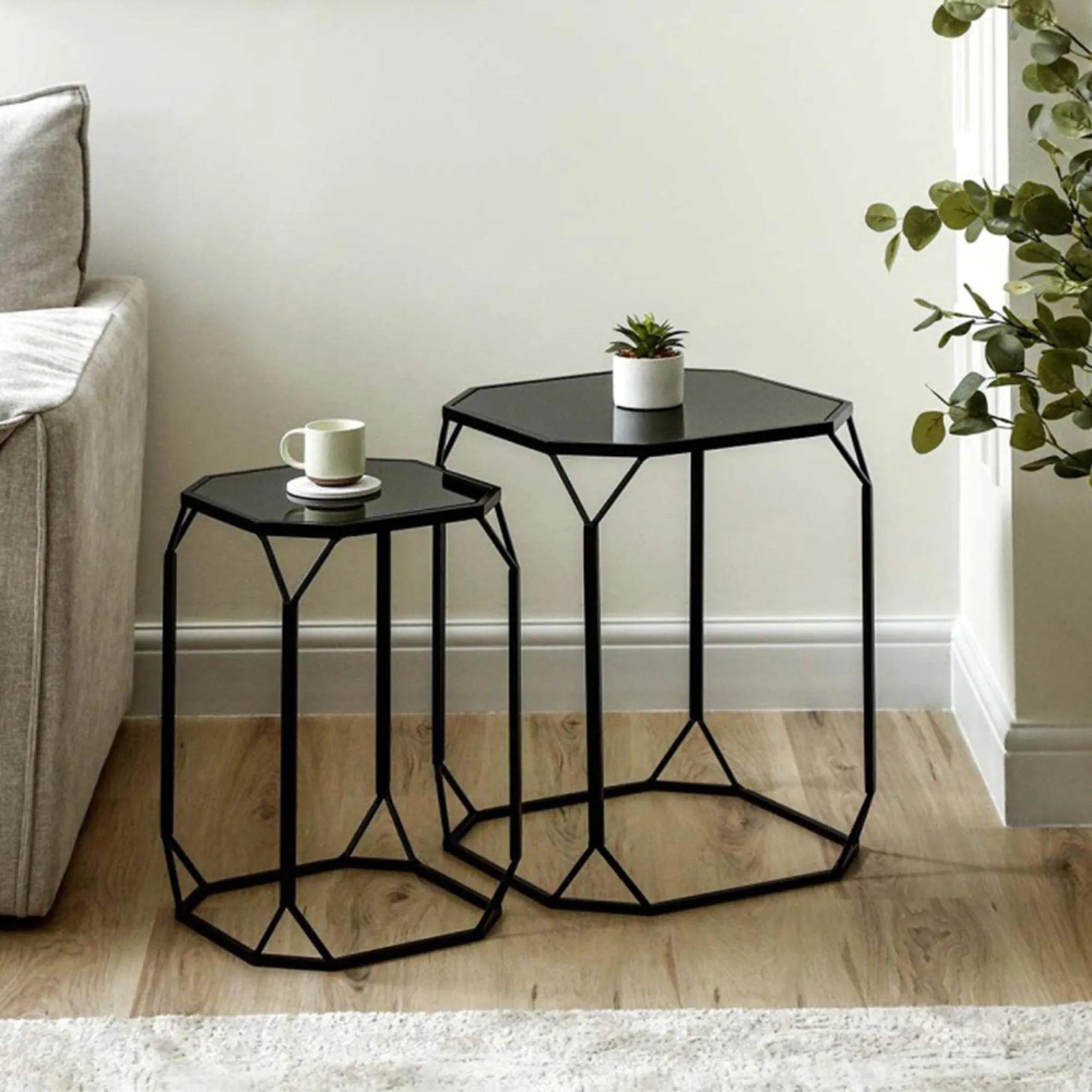 Nest of Tables - Black Mirrored - Octagon - Set of 2
