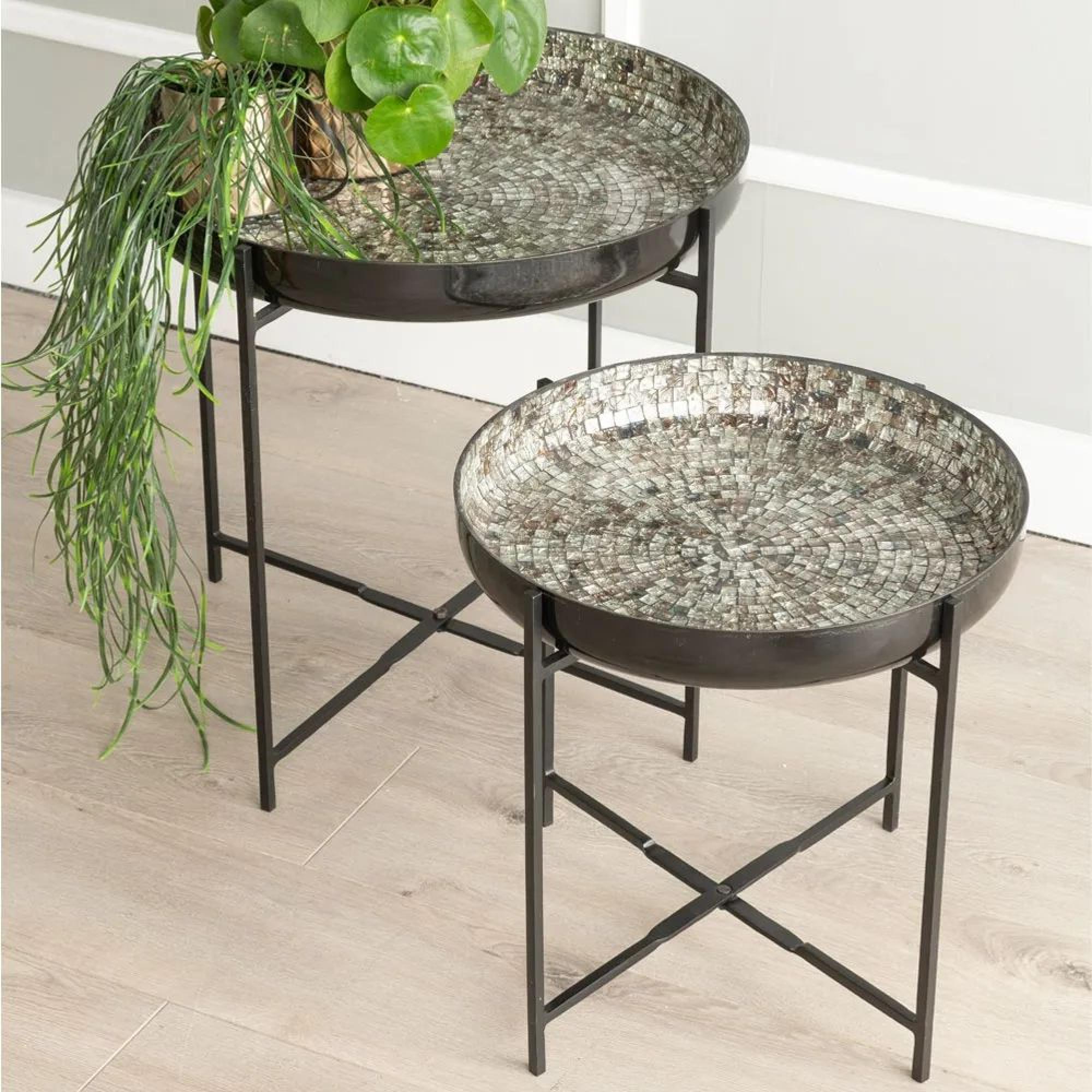 Clearance - Vista Antique Mosaic 2 Piece Bowl Table - Black Metal Crossbar Stand - Brand New Item