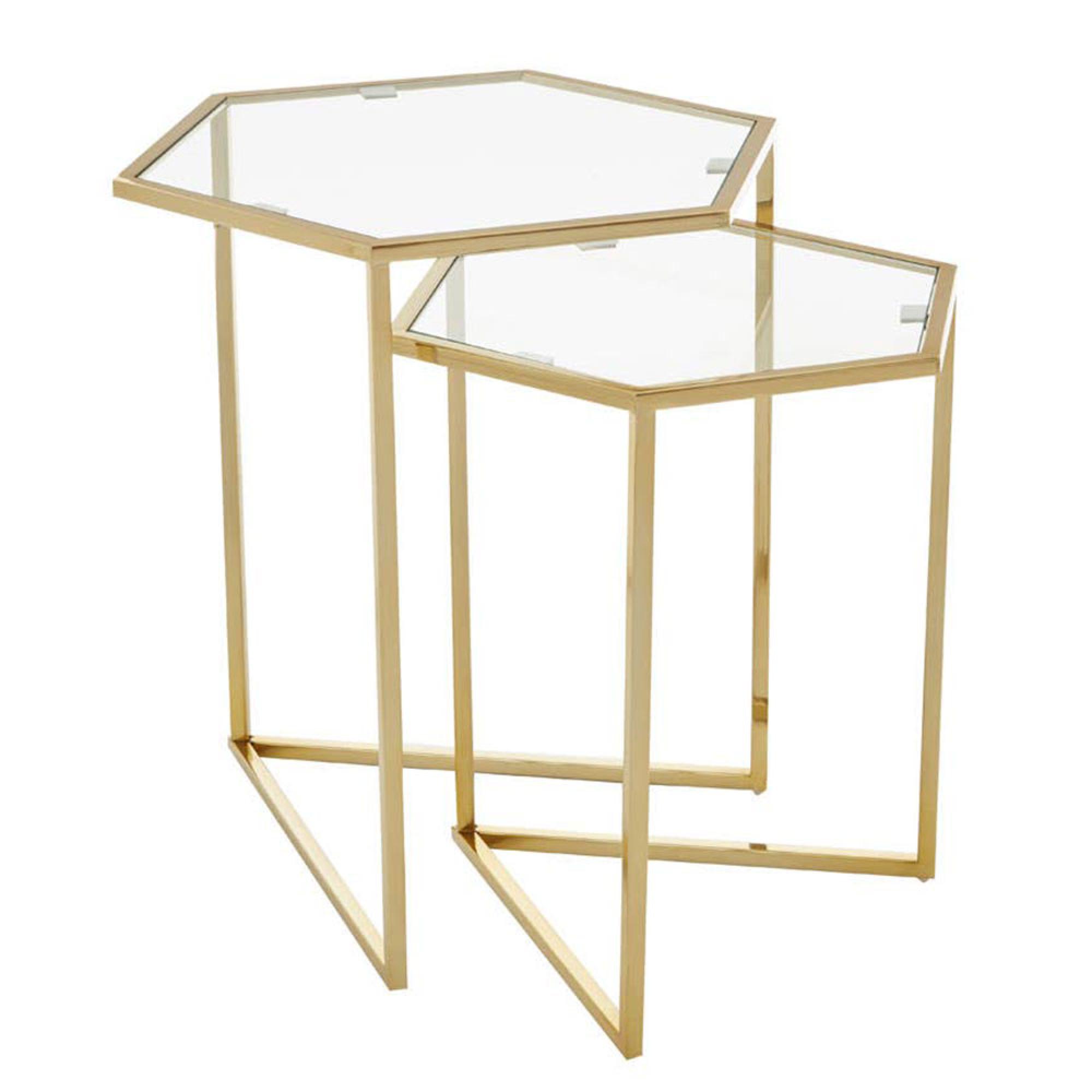 Herber Nest of 2 Tables - Hexagon - Clear Glass with Gold Metal