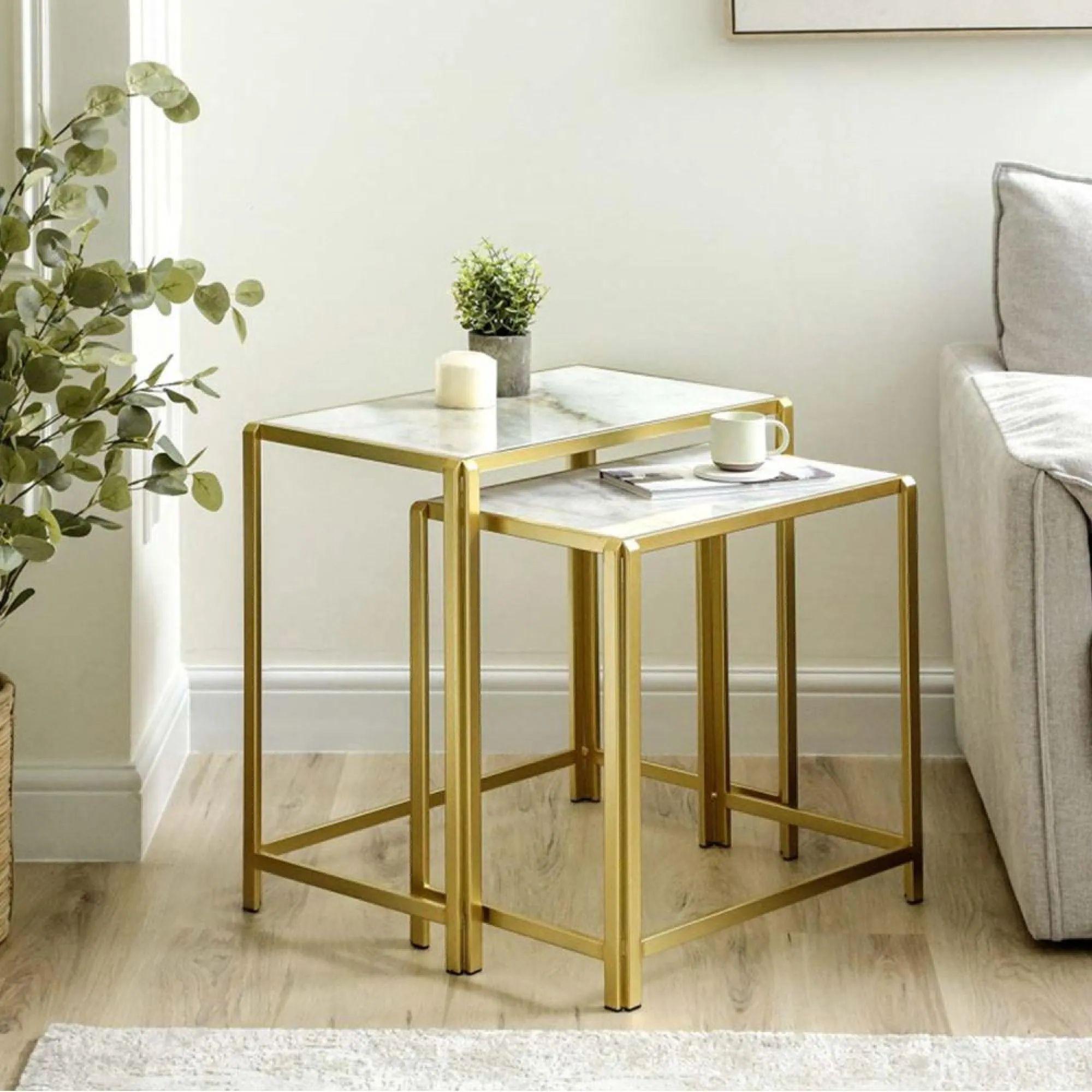 Nest of Tables - White Marble and Gold Metal - Set of 2