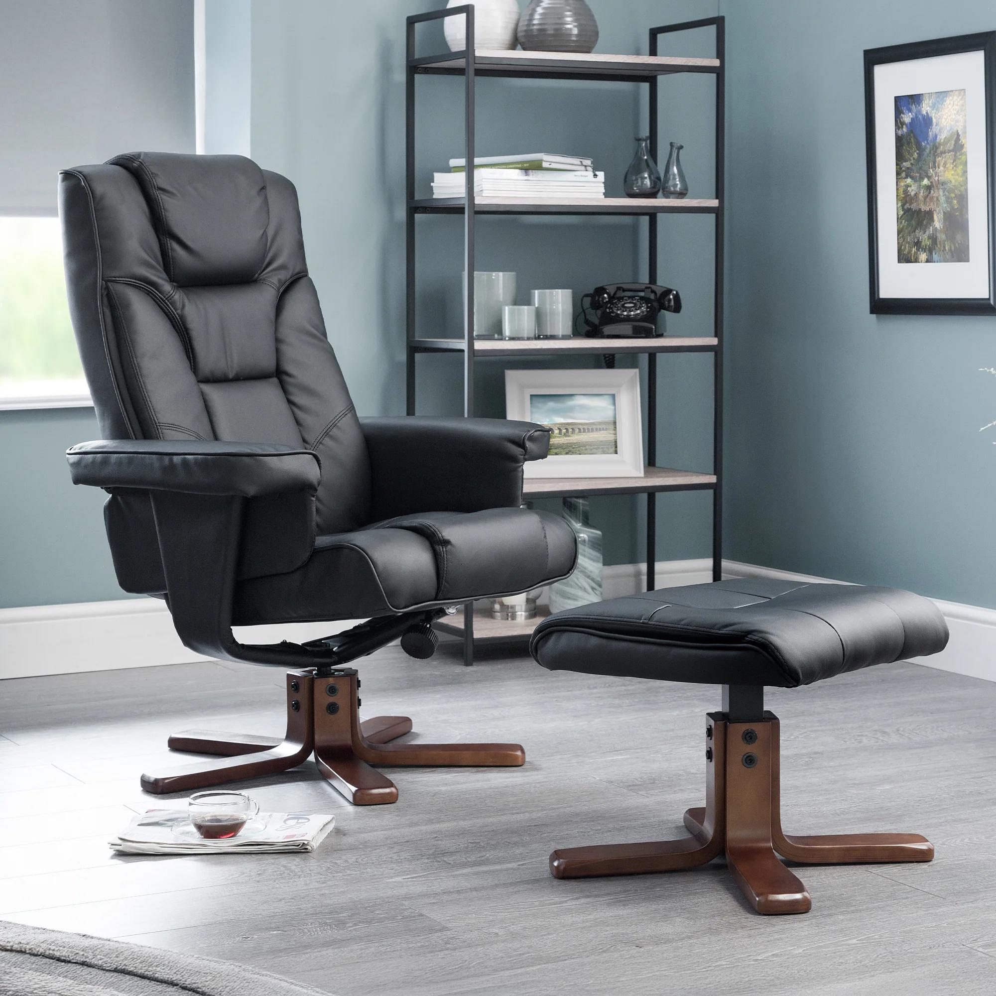 Malmo Black Faux Leather Recliner Chair - with Footstool