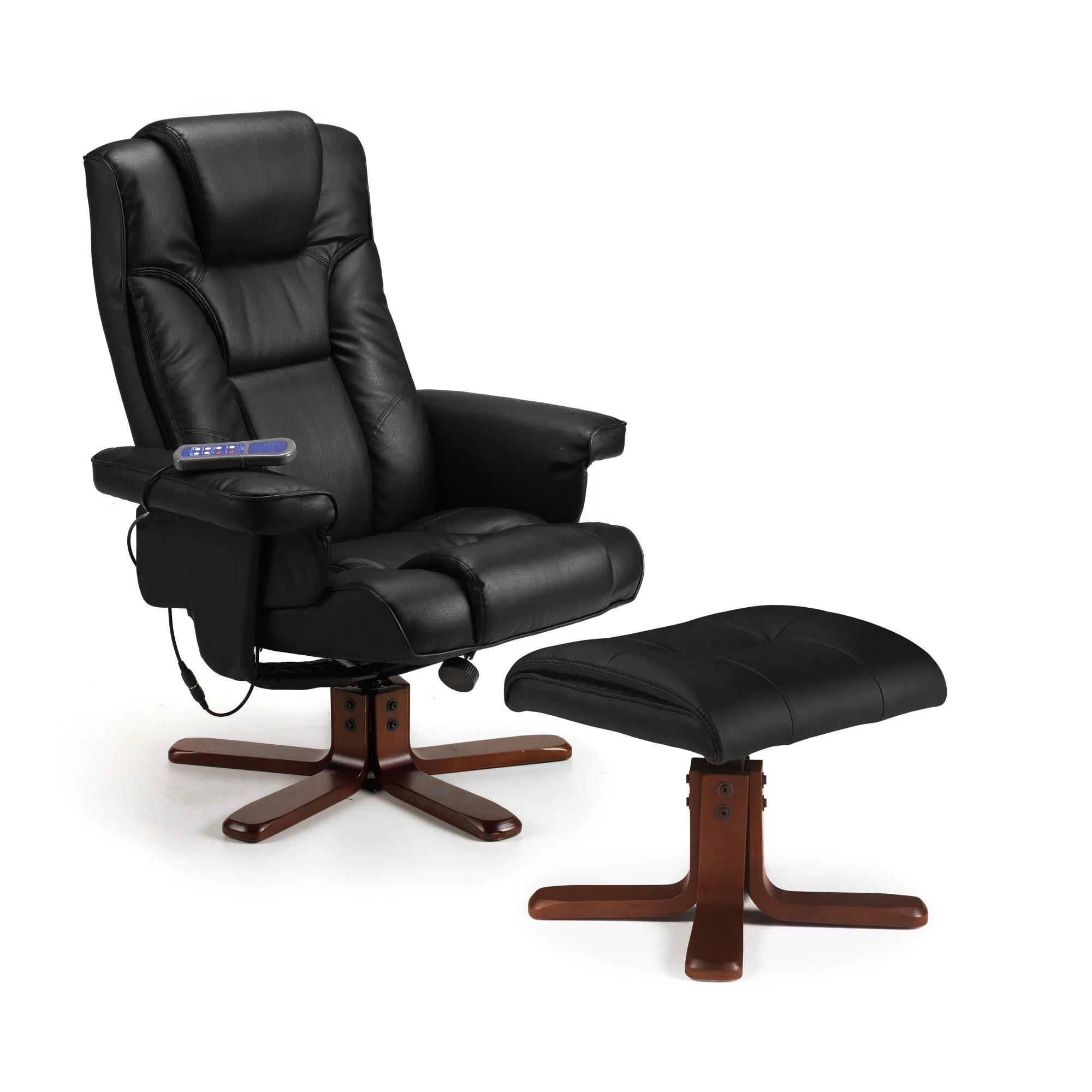 Malmo Black Faux Leather Recliner Chair - with Walnut Legs Footstool