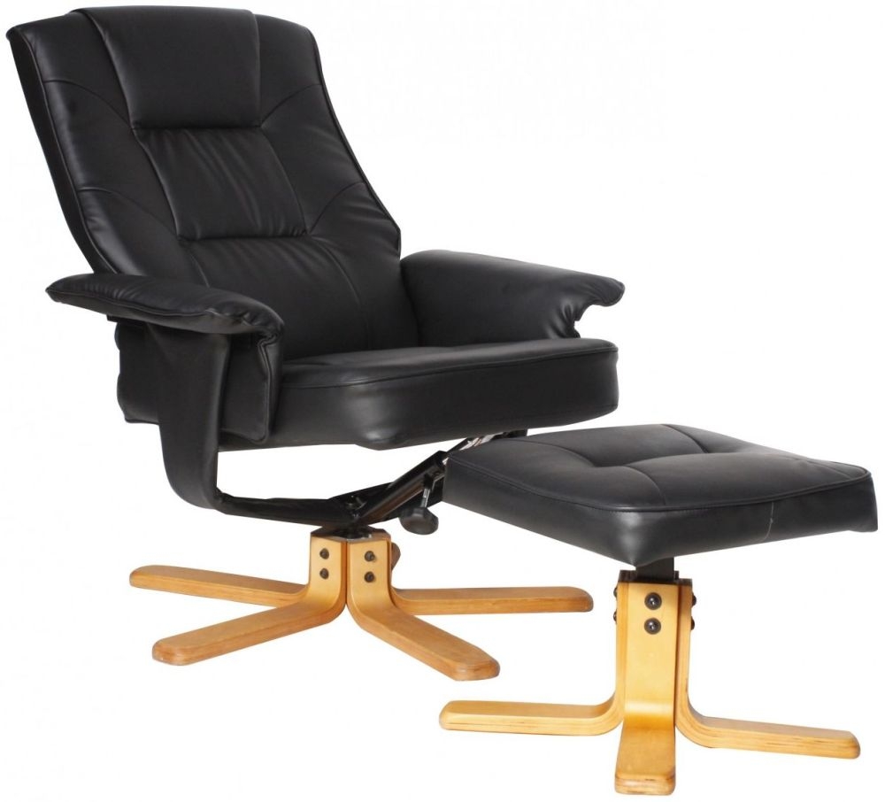 Drake Recliner with Footstool - Faux Leather - Black - ARC7595-PU-BLK