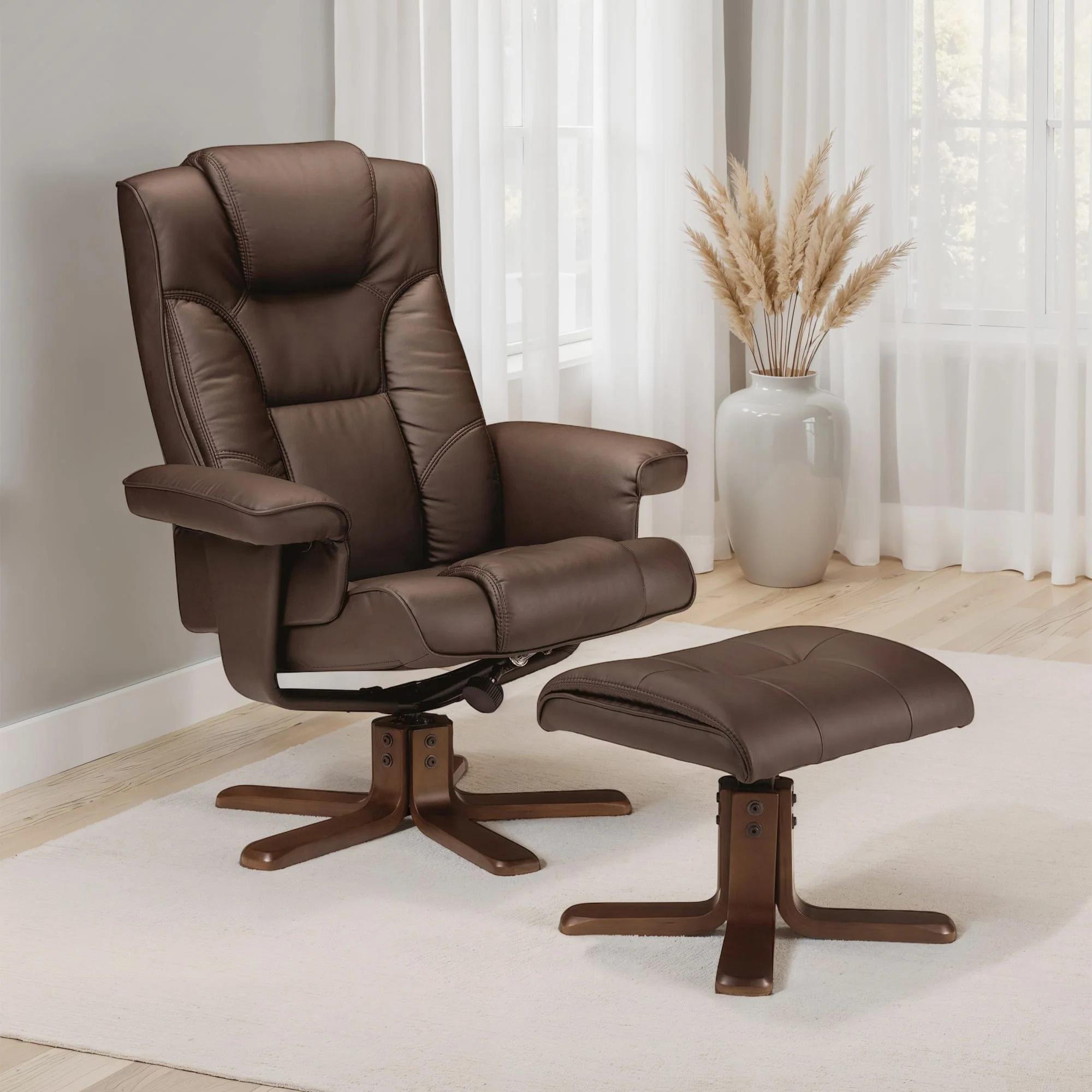 Malmo Brown Faux Leather Recliner Chair - with Footstool