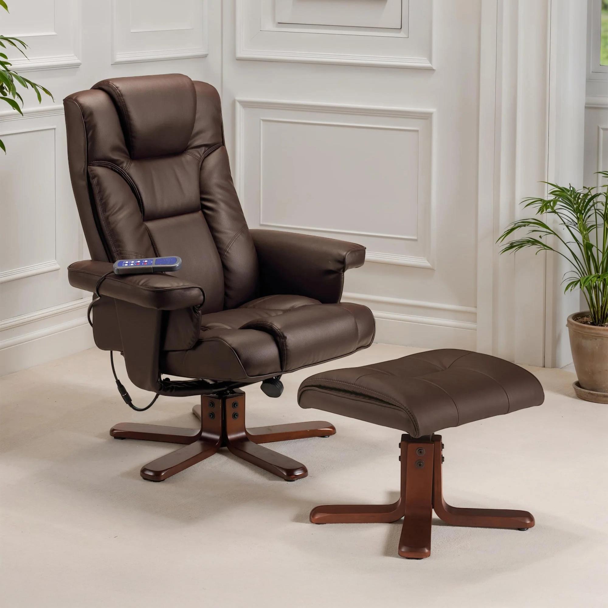 Malmo Brown Faux Leather Recliner Chair - with Walnut Legs Footstool