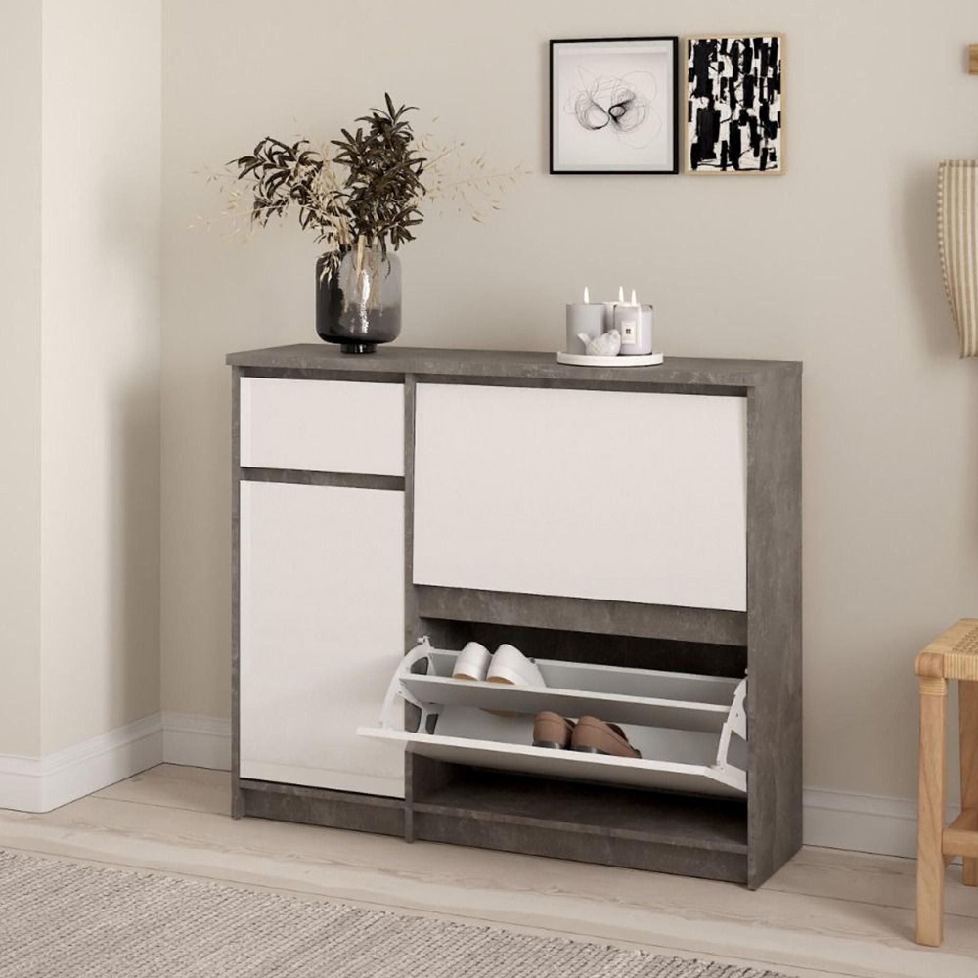 Naia Shoe Cabinet - 3 Door - 1 Drawer - Concrete and White Gloss
