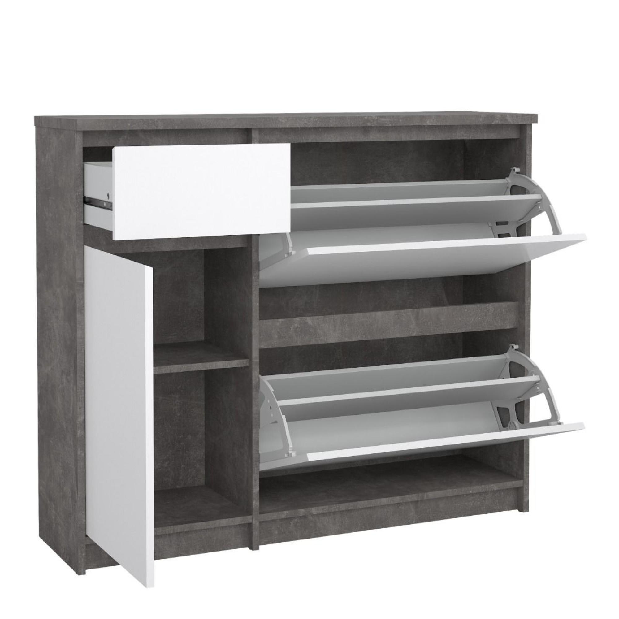Naia Shoe Cabinet - 3 Door - 1 Drawer - Concrete and White Gloss