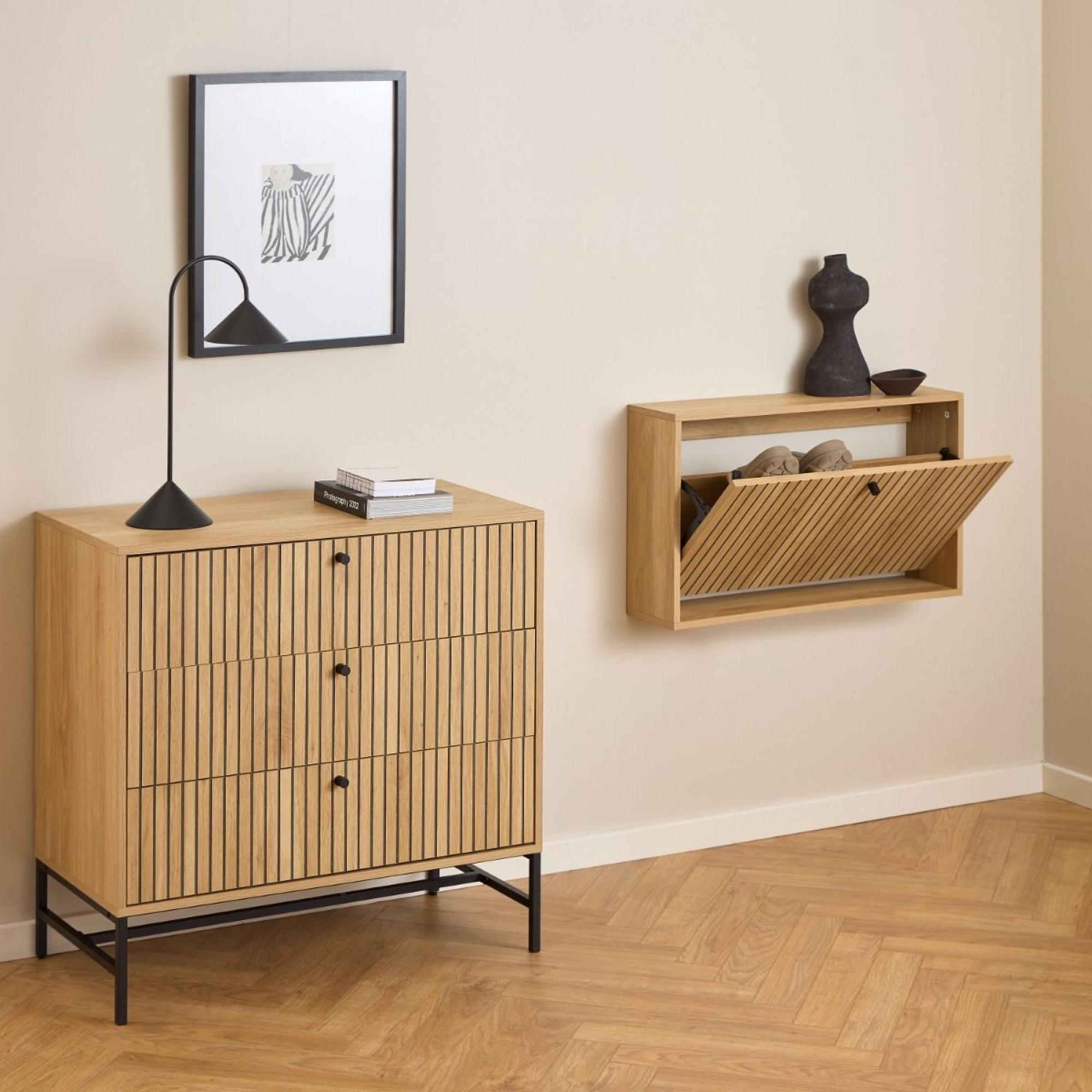 Albany Shoe Cabinet - Flip Down Door - Oak Ribbed