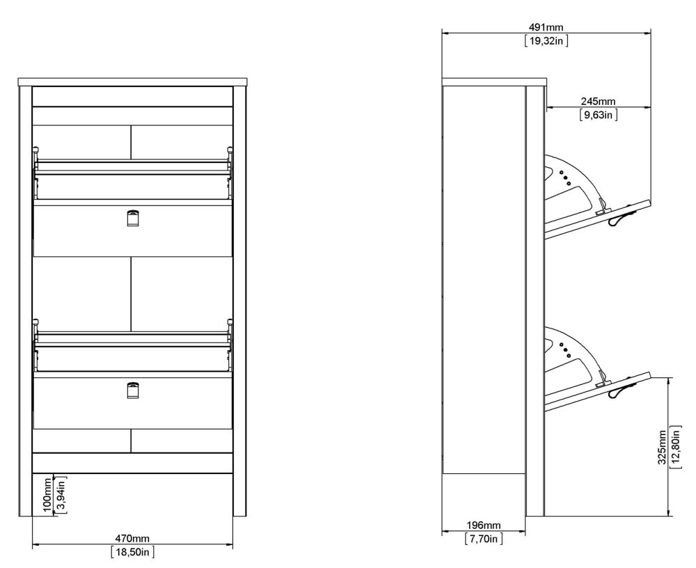 Madrid Shoe Cabinet - 2 Drawer - Door - Black