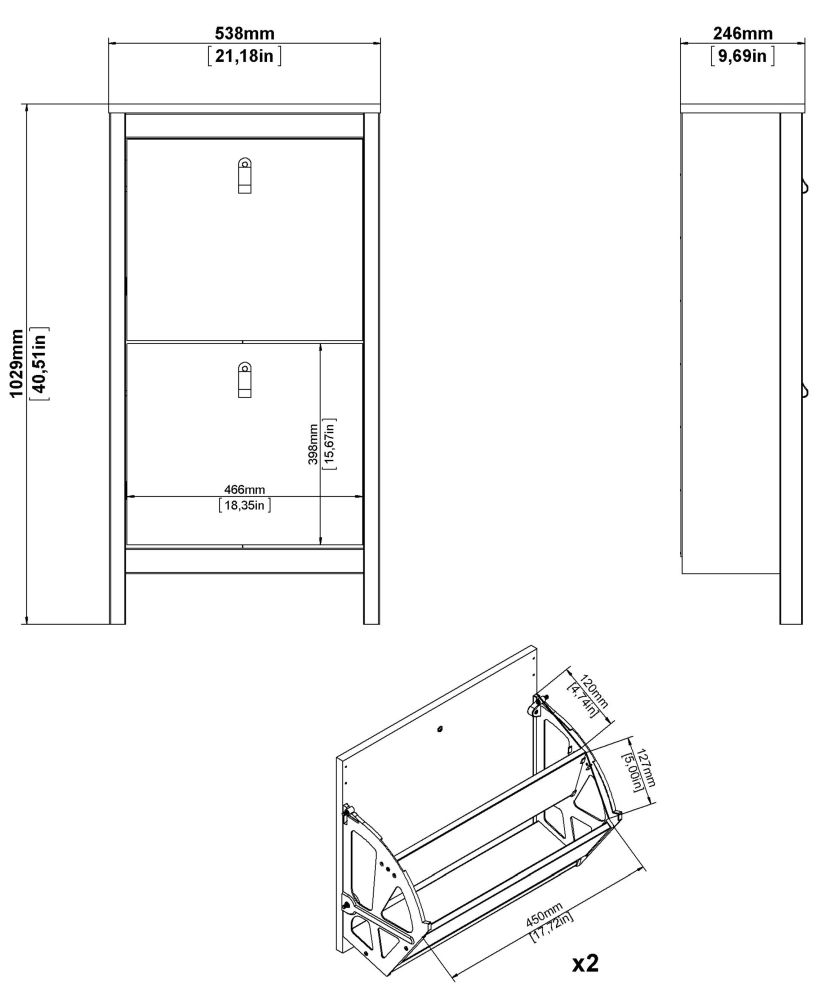 Madrid Shoe Cabinet - 2 Drawer - Door - Black