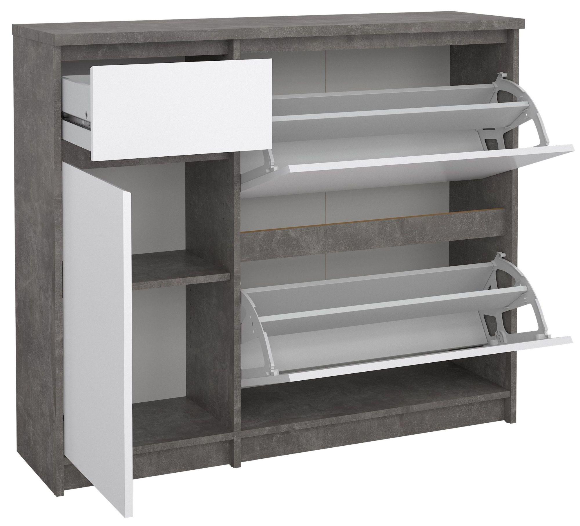 Naia Shoe Cabinet - 3 Door - 1 Drawer - Concrete and White Gloss