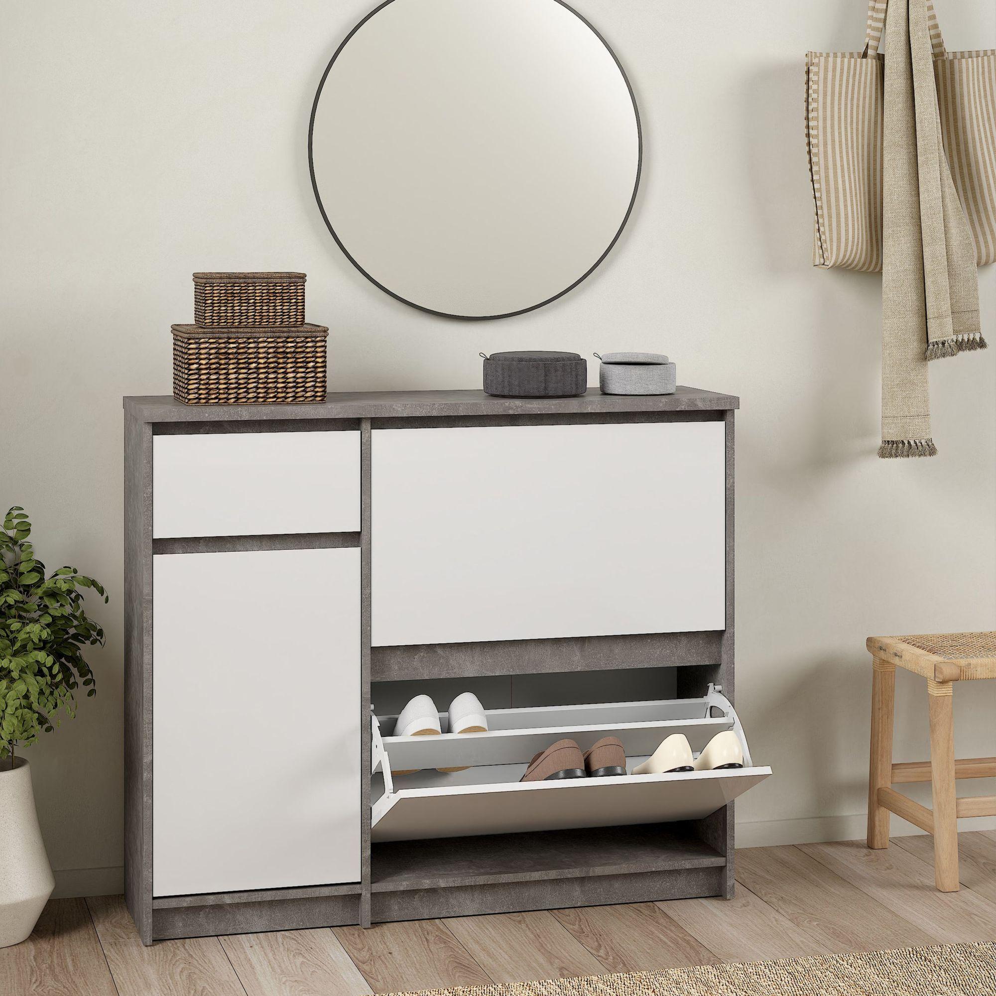 Naia Shoe Cabinet - 3 Door - 1 Drawer - Concrete and White Gloss