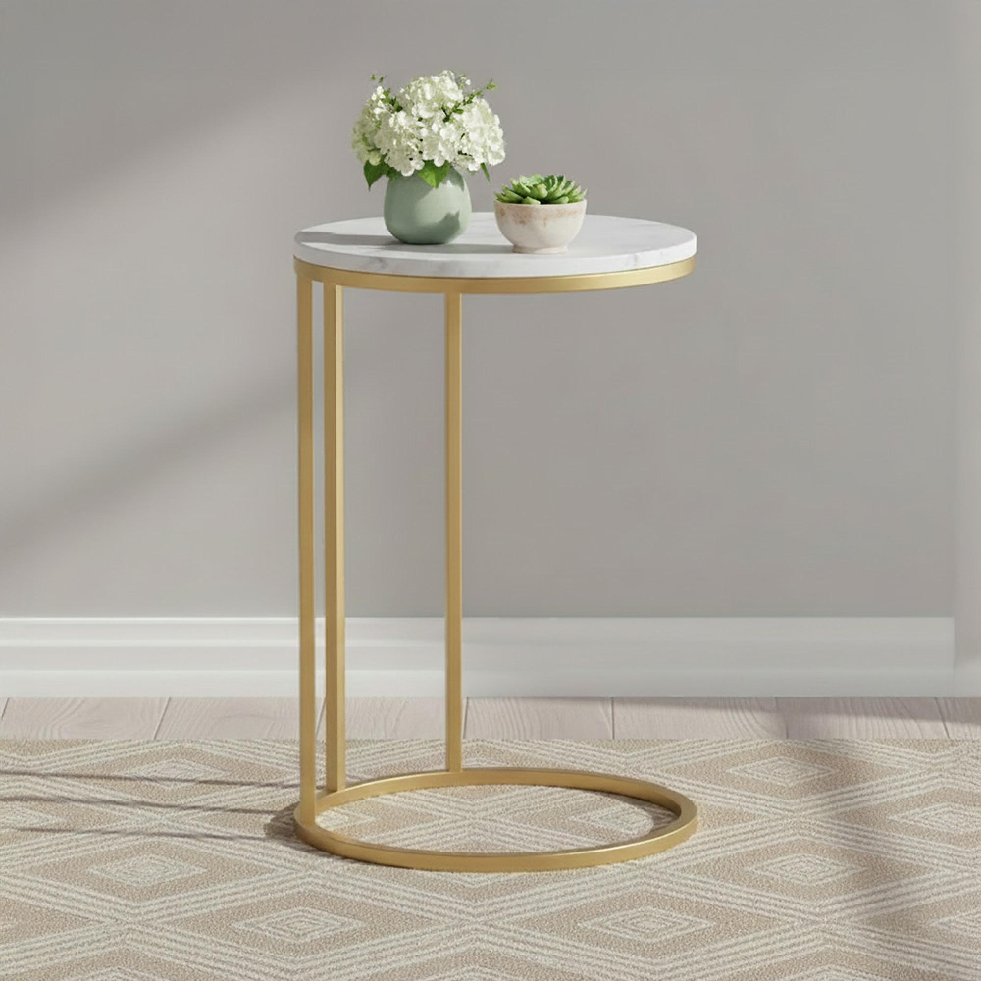 Marmora Side Table - Round - White Marble & Gold