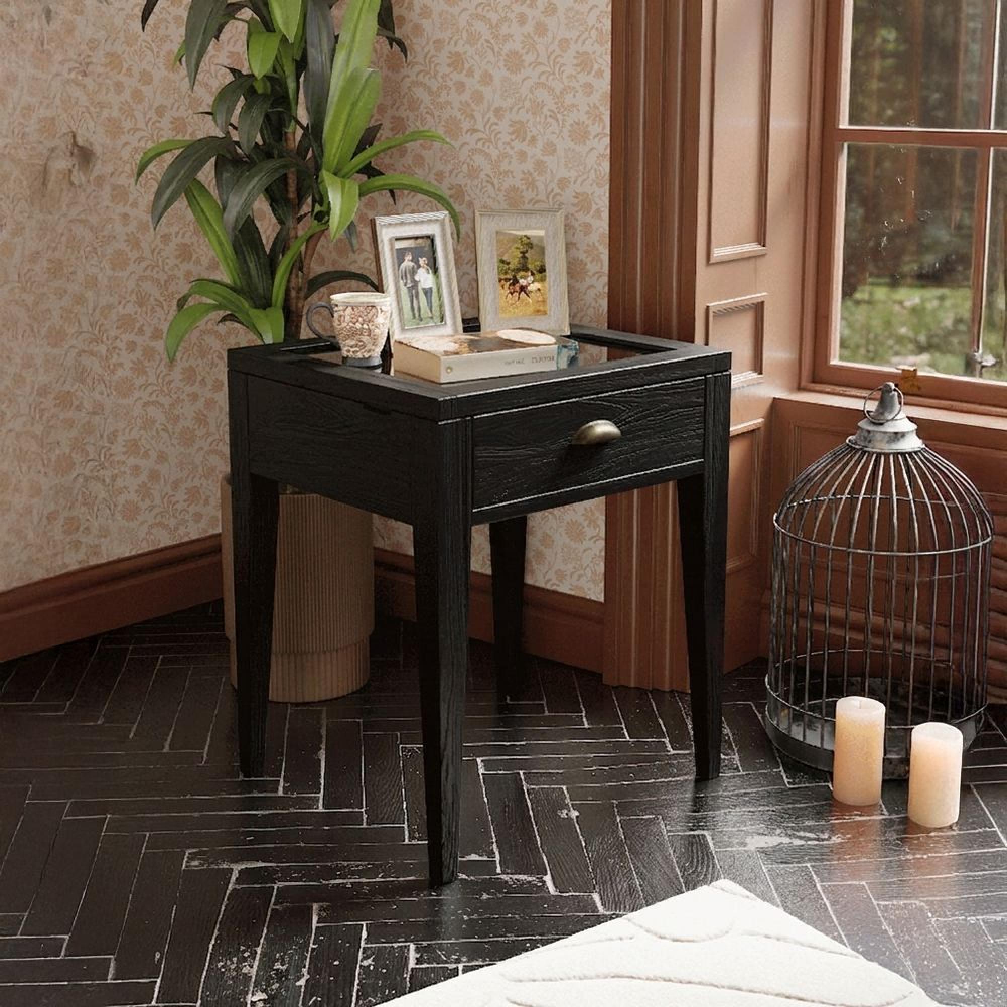 Elmhurst Square Side Table - 1 Door 1 Drawer - Black and Glass