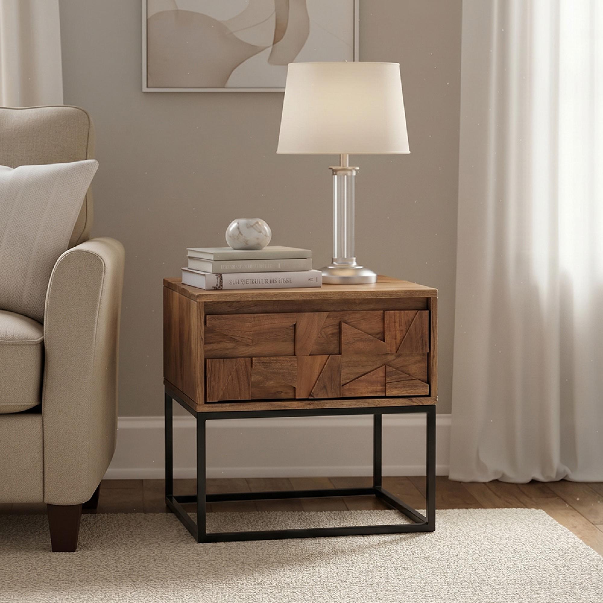 Axis Acacia Wood End Table - 1 Drawer - Geometric