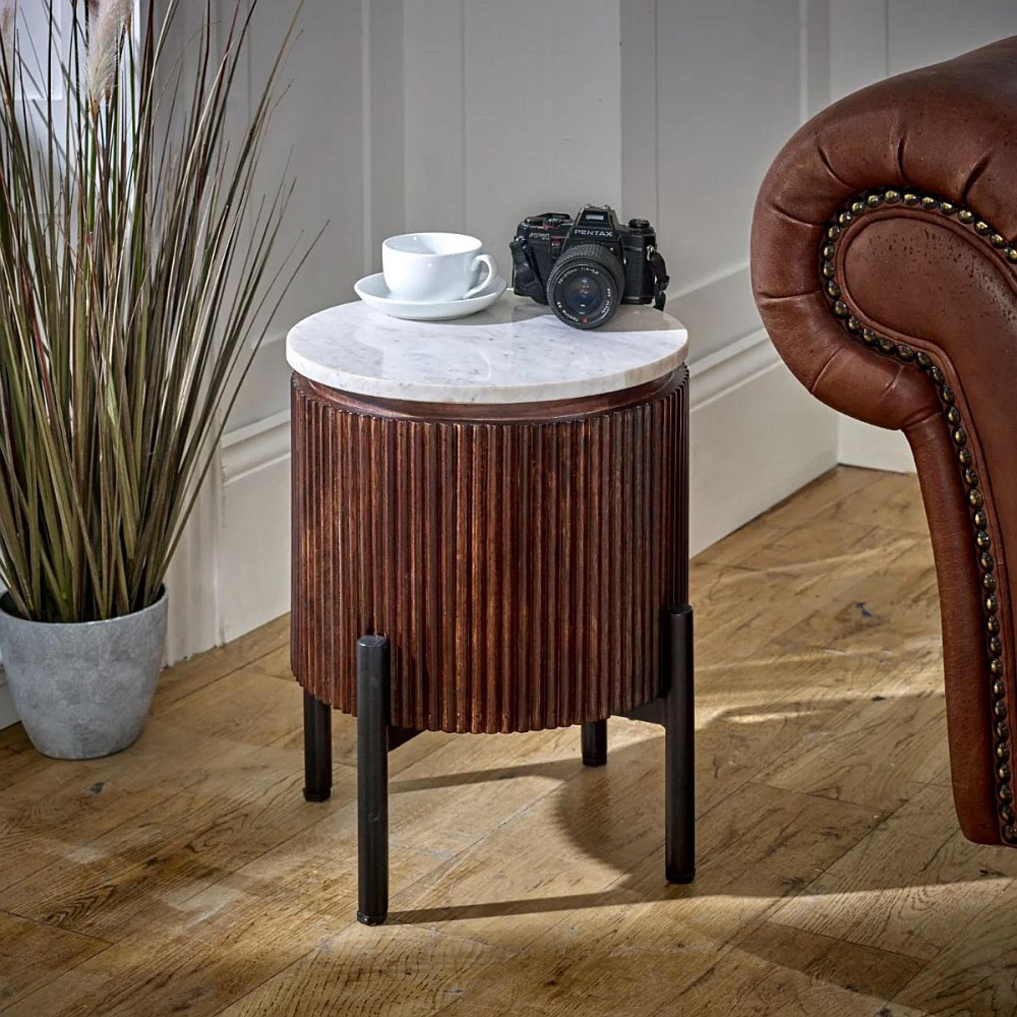 Opal Fluted Side Table - Round - White Marble Top - Mango Wood