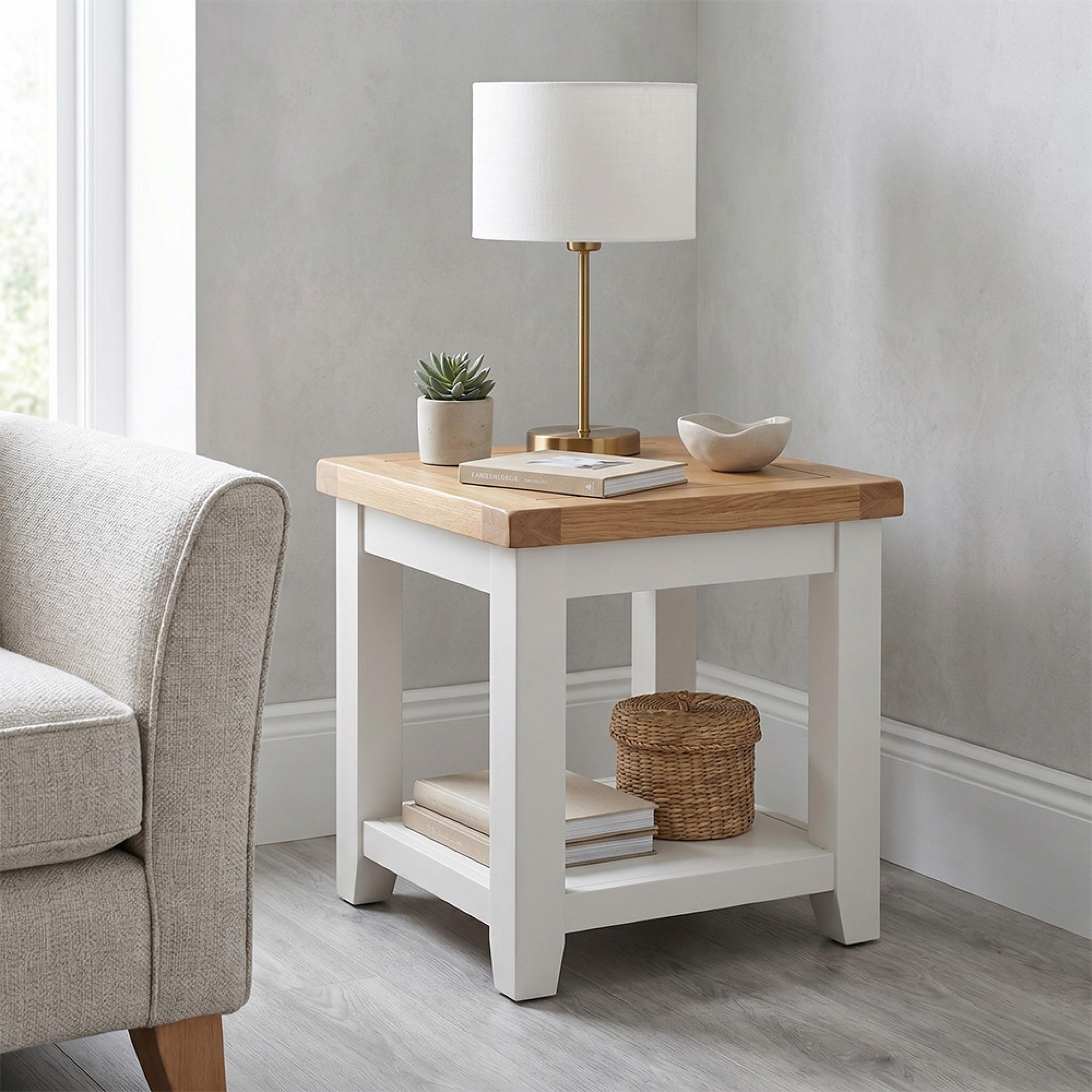 Melbourne Lamp Table - with Shelf - White and Wood