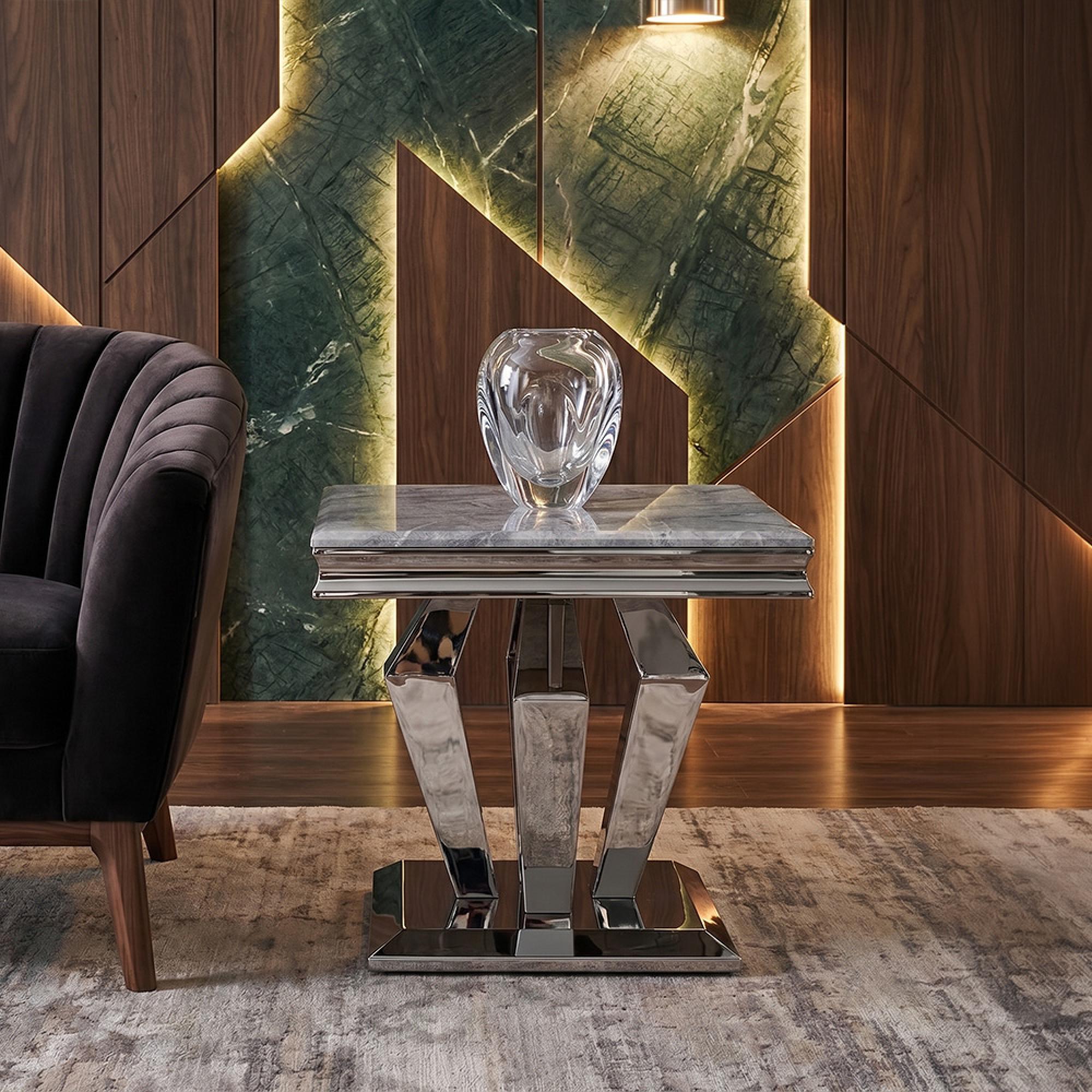 Dolce Lamp Table - Square - Grey Marble & Chrome