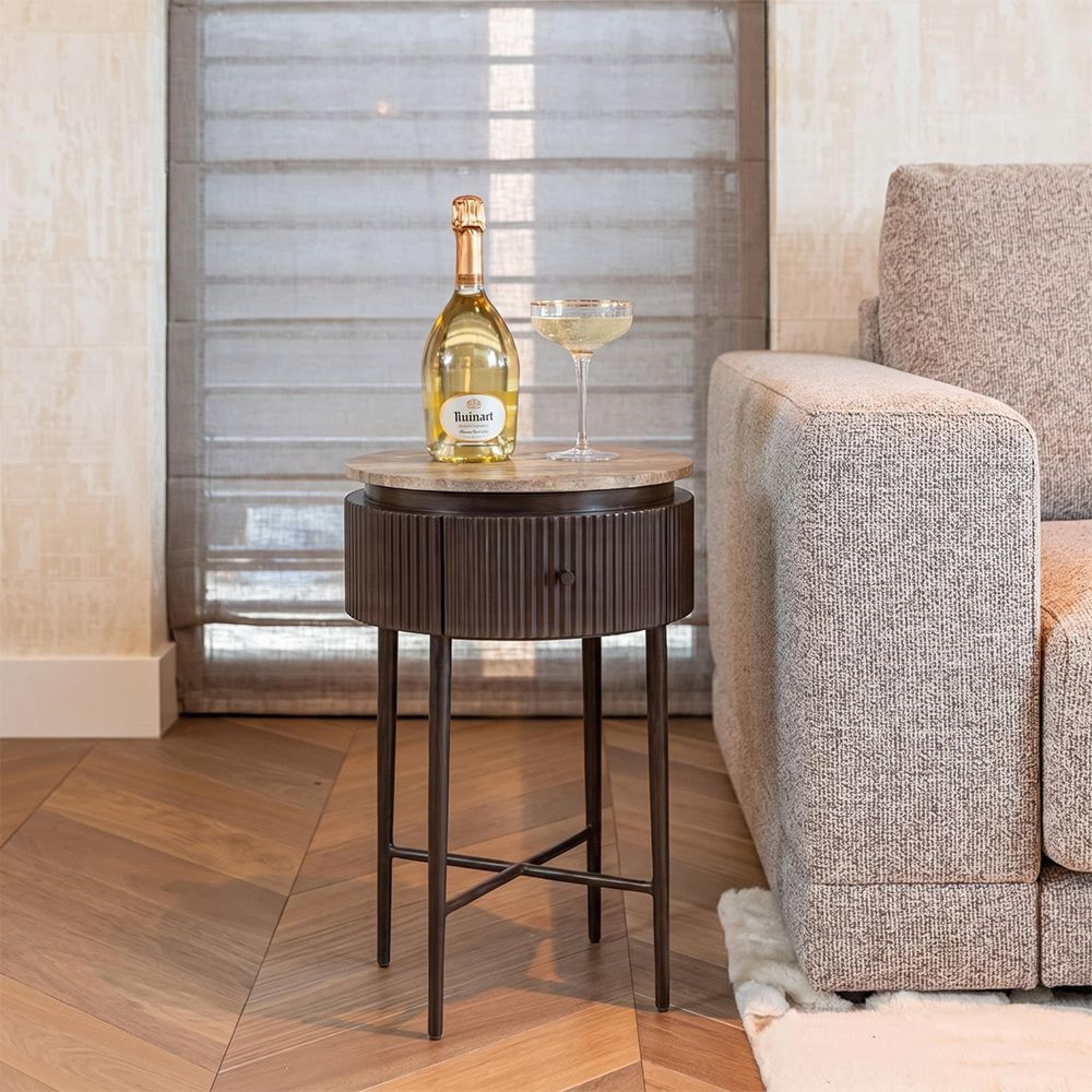 Russo Fluted End Table - 1 Drawer - Round - Ash Brown - Travertine Top and Metal