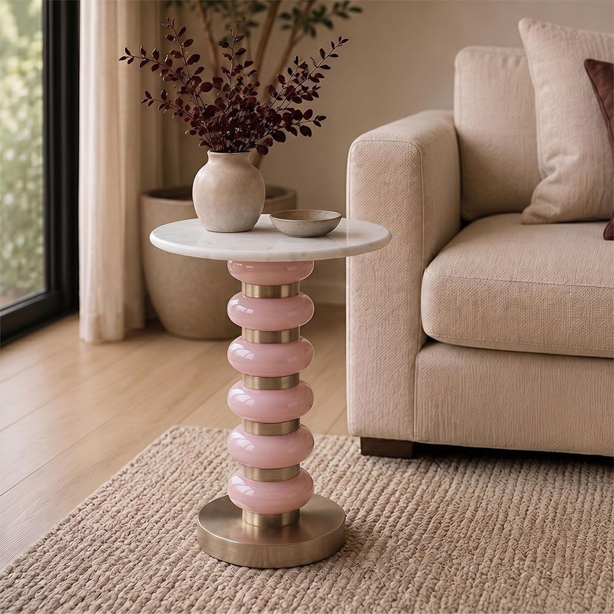 Villeray End Table - Round - White and Pink - Marble and Aluminium