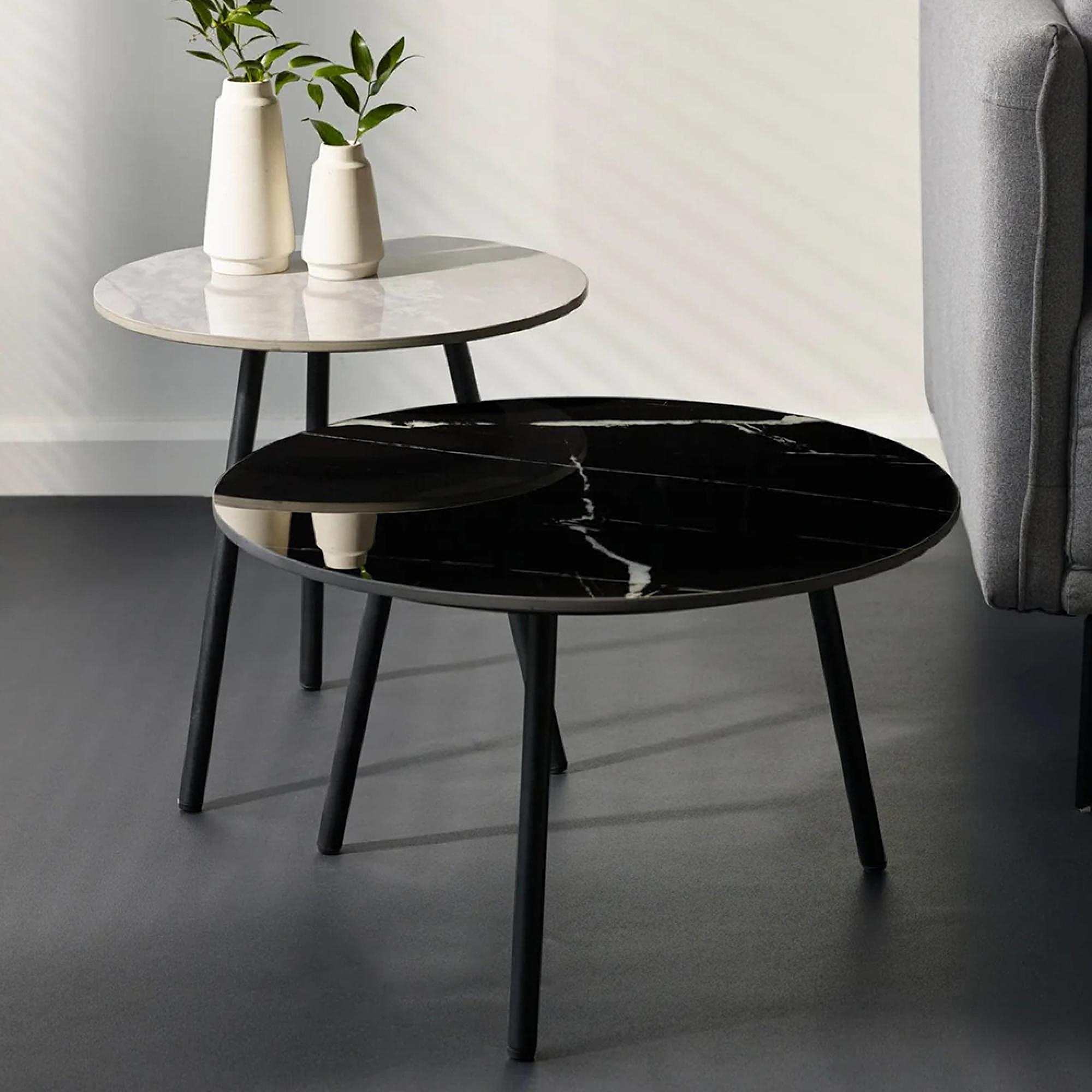 Casper Side Table - Set of 2 - Round - Grey and Black - Sintered Stone and Metal