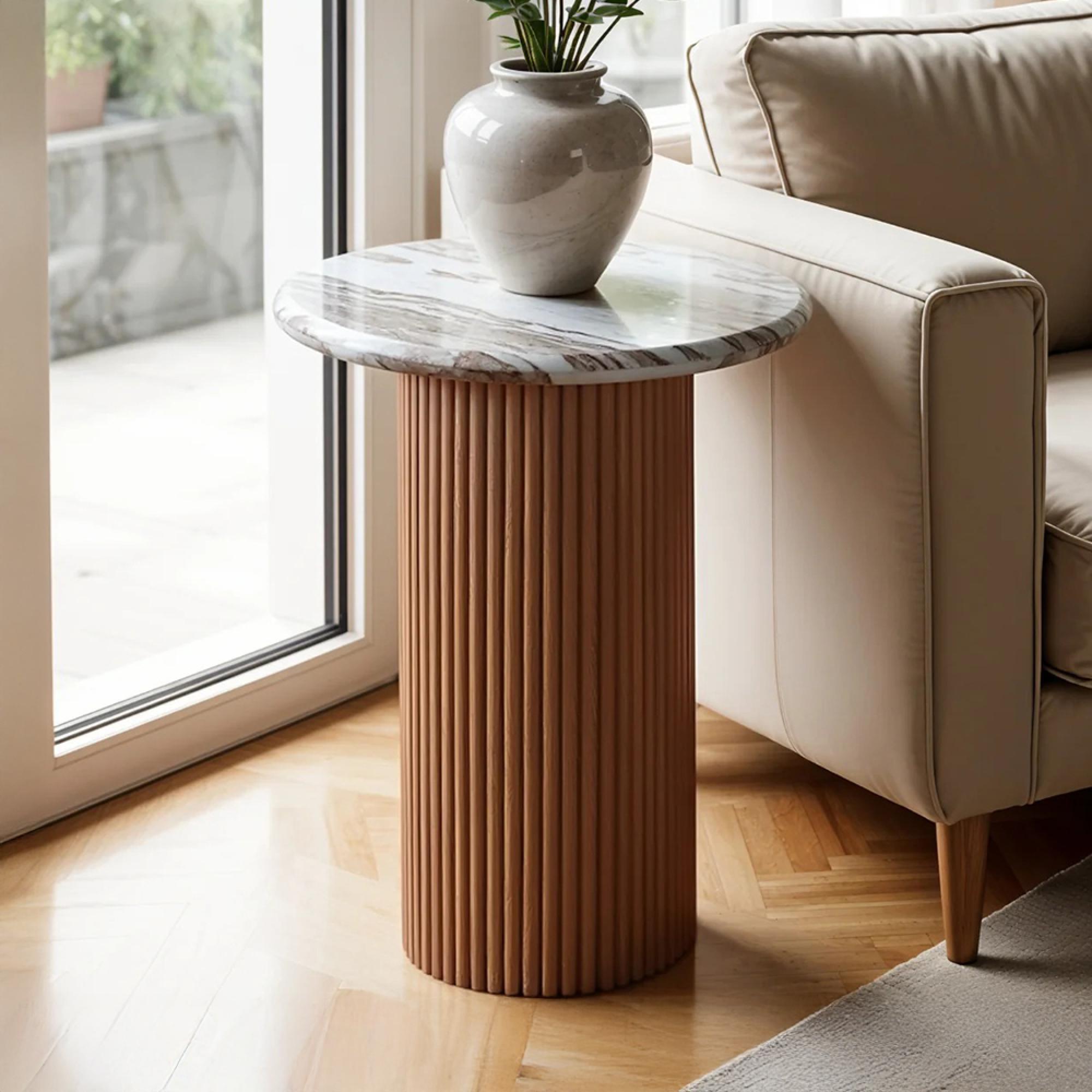 Ashford Side Table - Round - Fluted - Pale Taupe - Marble Top and Mango Wood