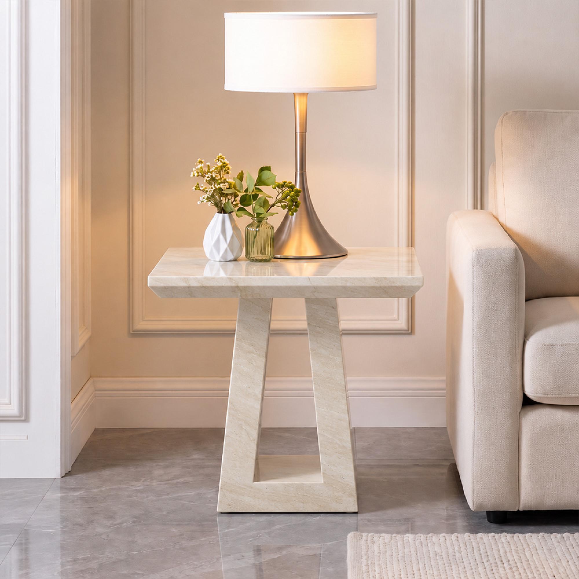 Milan Travertine Beige Marble Square Side Table
