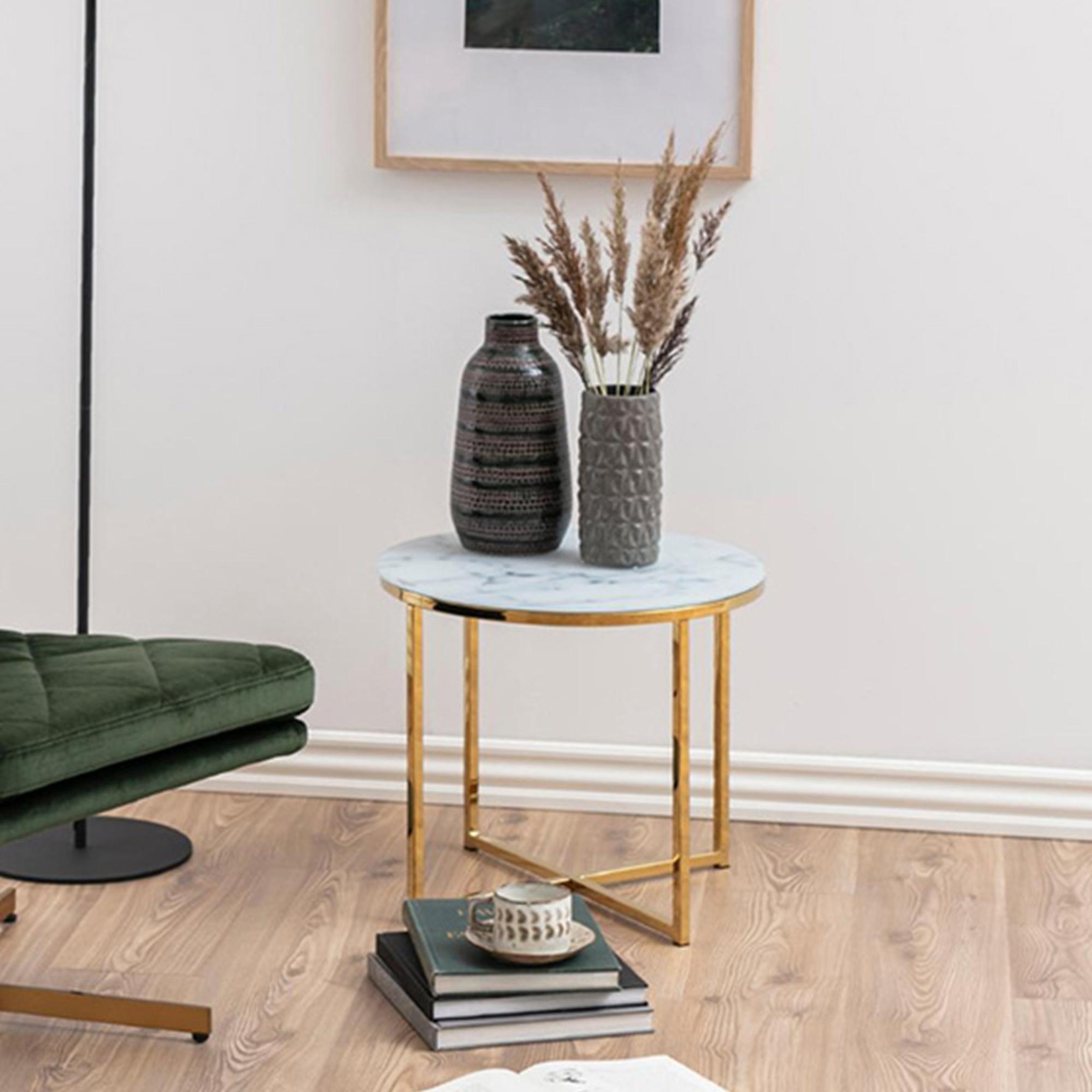 Alisma Side Table - Round - White Marble Effect and Gold - with Shelf