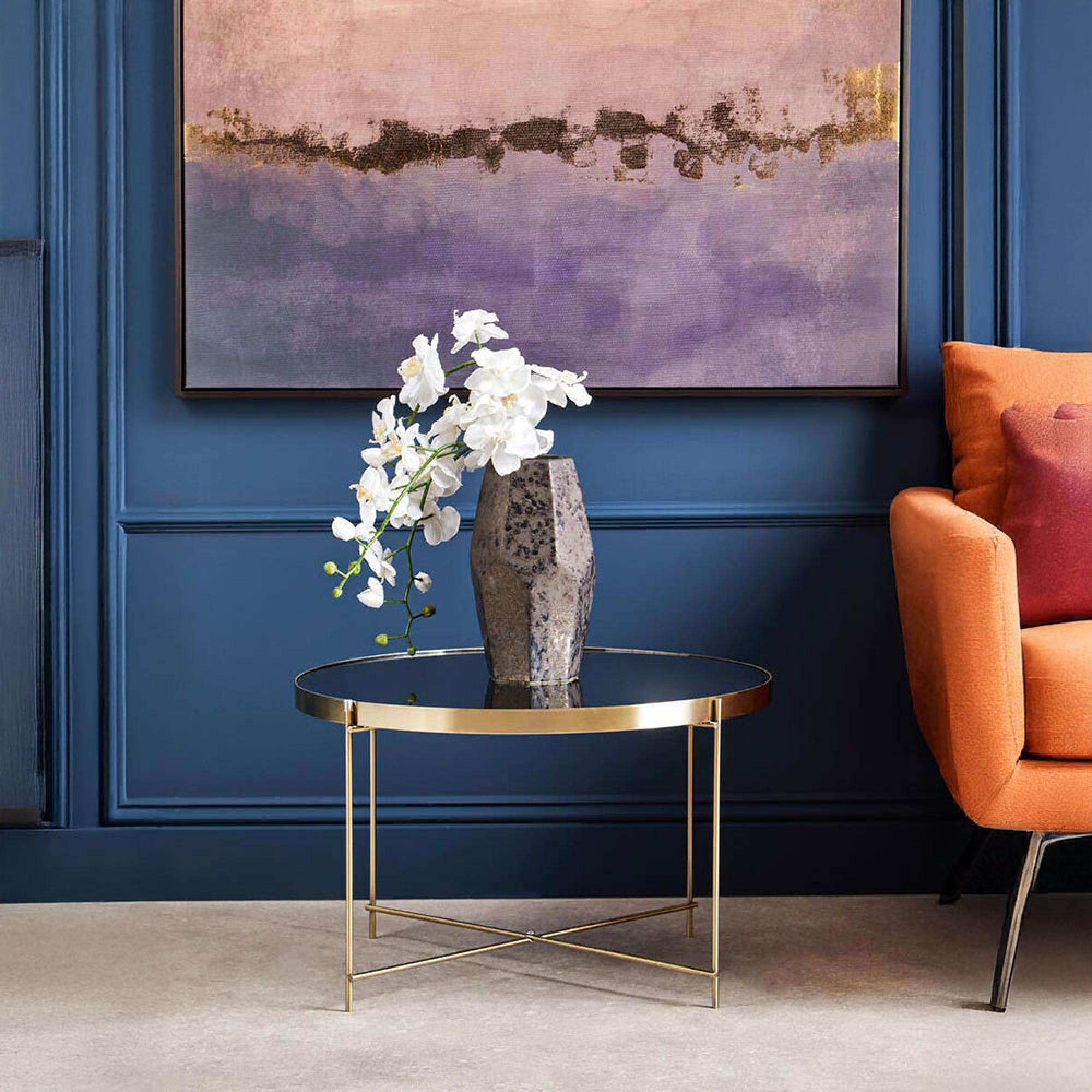 Allure Large Side Table - Round - Black Mirrored - Brushed Bronze Legs