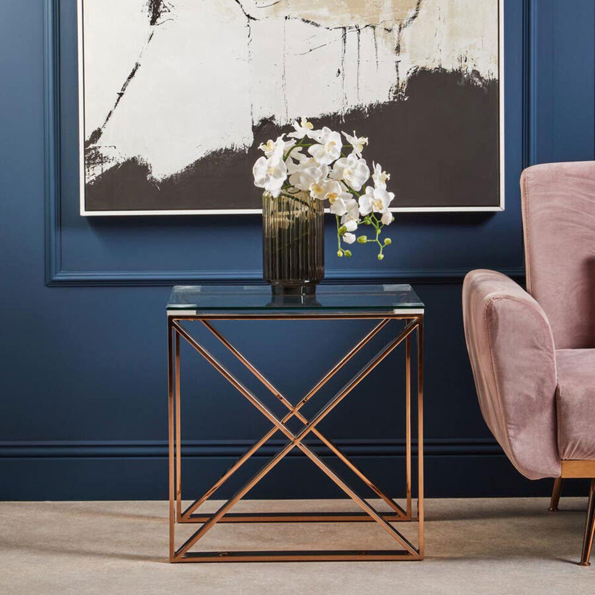 Allure End Table - Square - Clear Glass - Rose Gold Cross Base