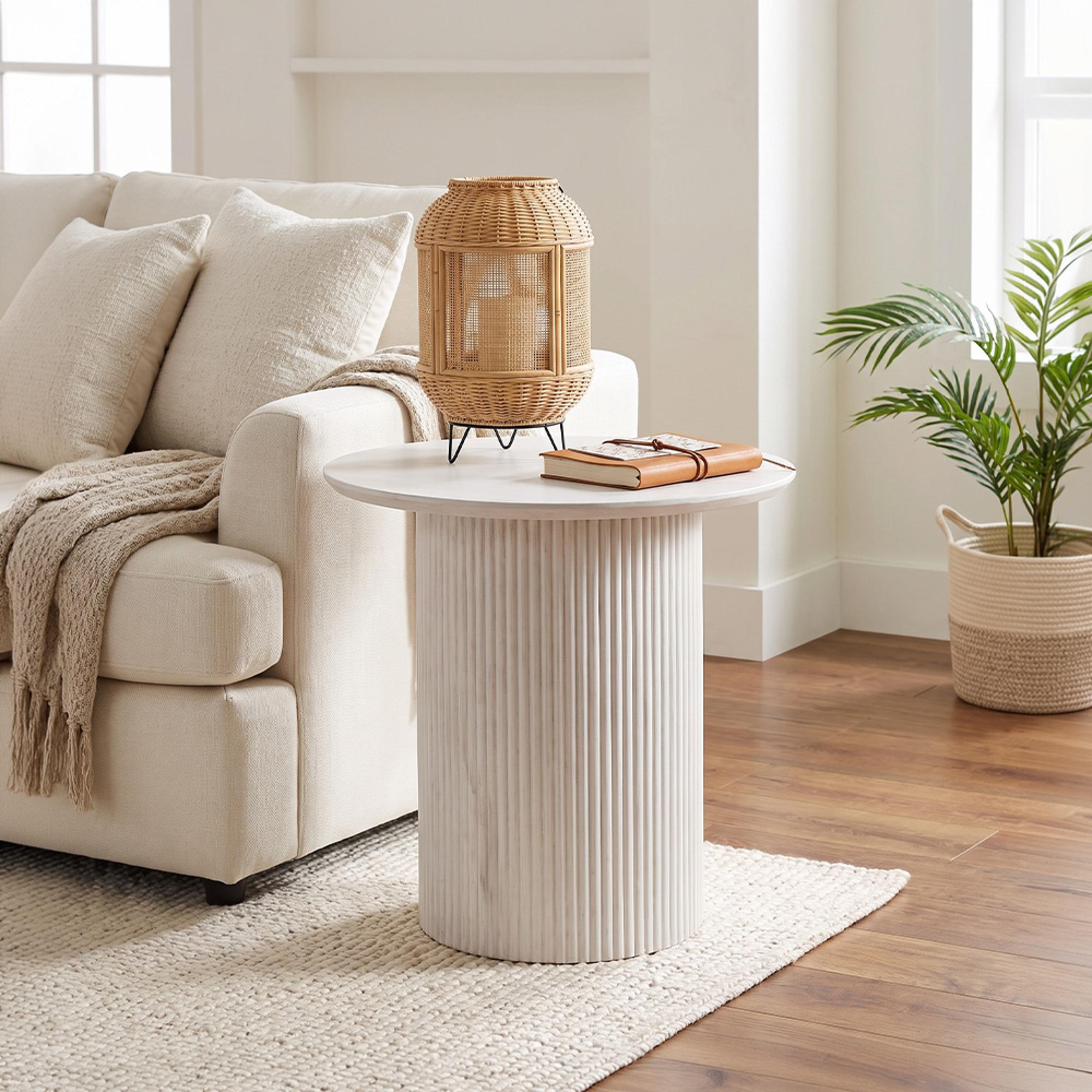 Bern Round End Table - White Washed Oak - Fluted - Drum Base