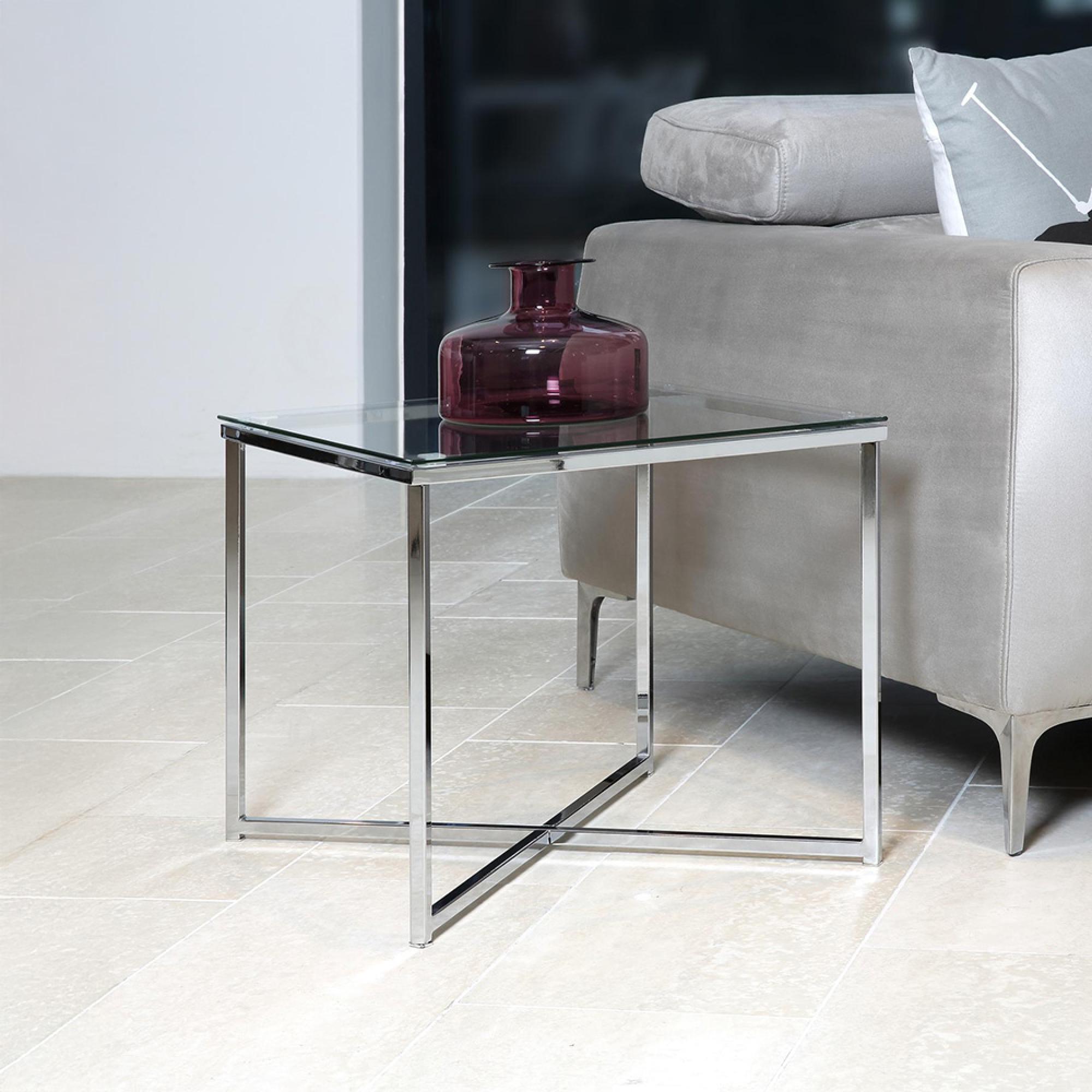 Cross Side Table - Square - Clear Glass and Chrome
