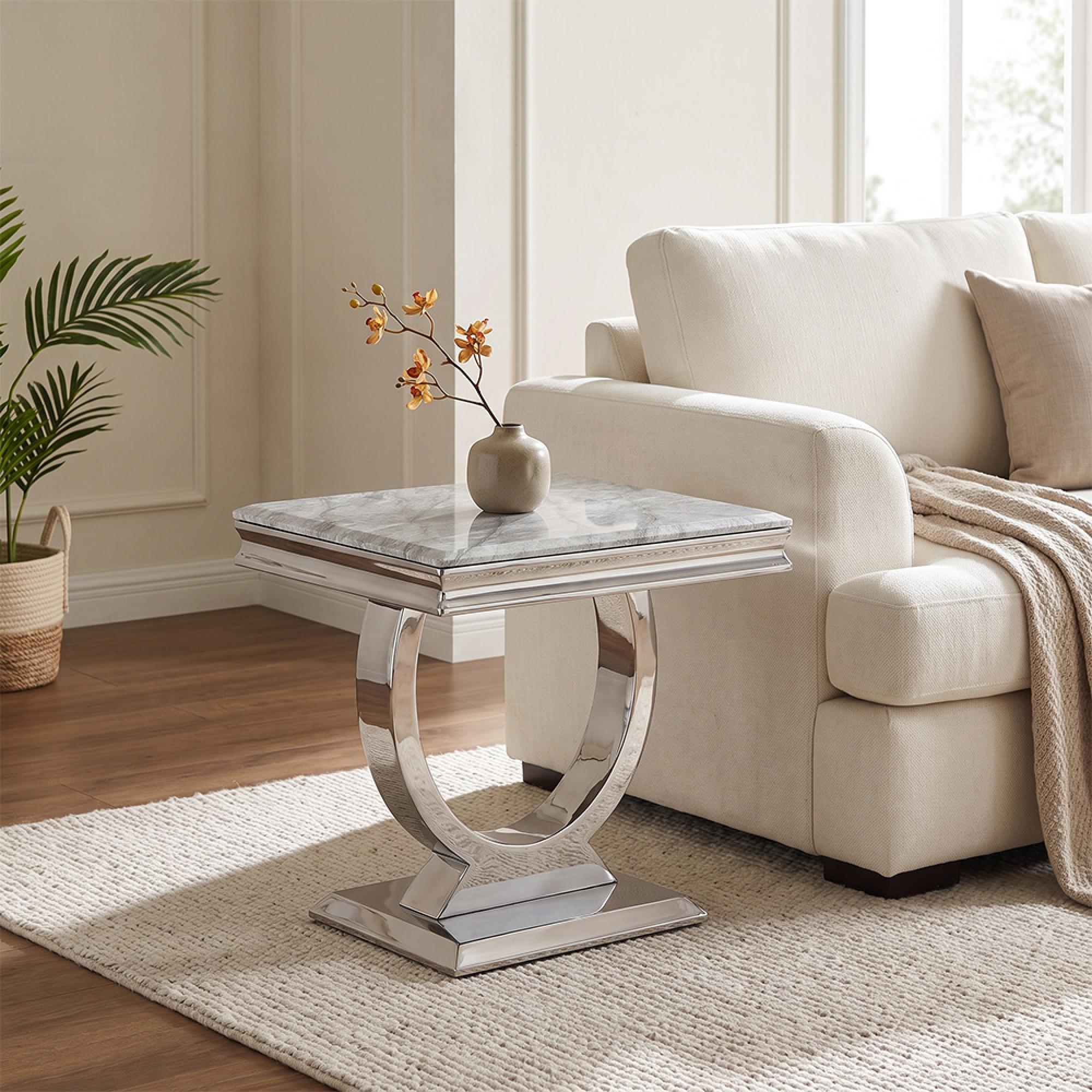 Glacier Side Table - Square - Grey Marble & Chrome