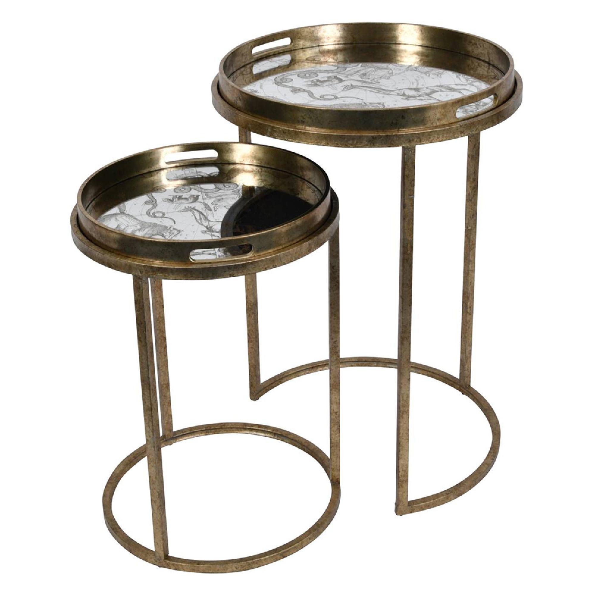 Constellation Map Side Tray Table - Gold Metal - Round - Set of 2