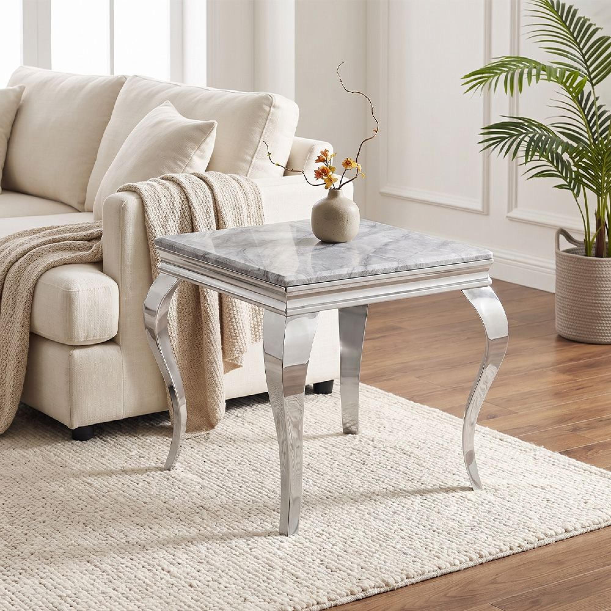 Louis Grey Marble and Chrome Square Side Table