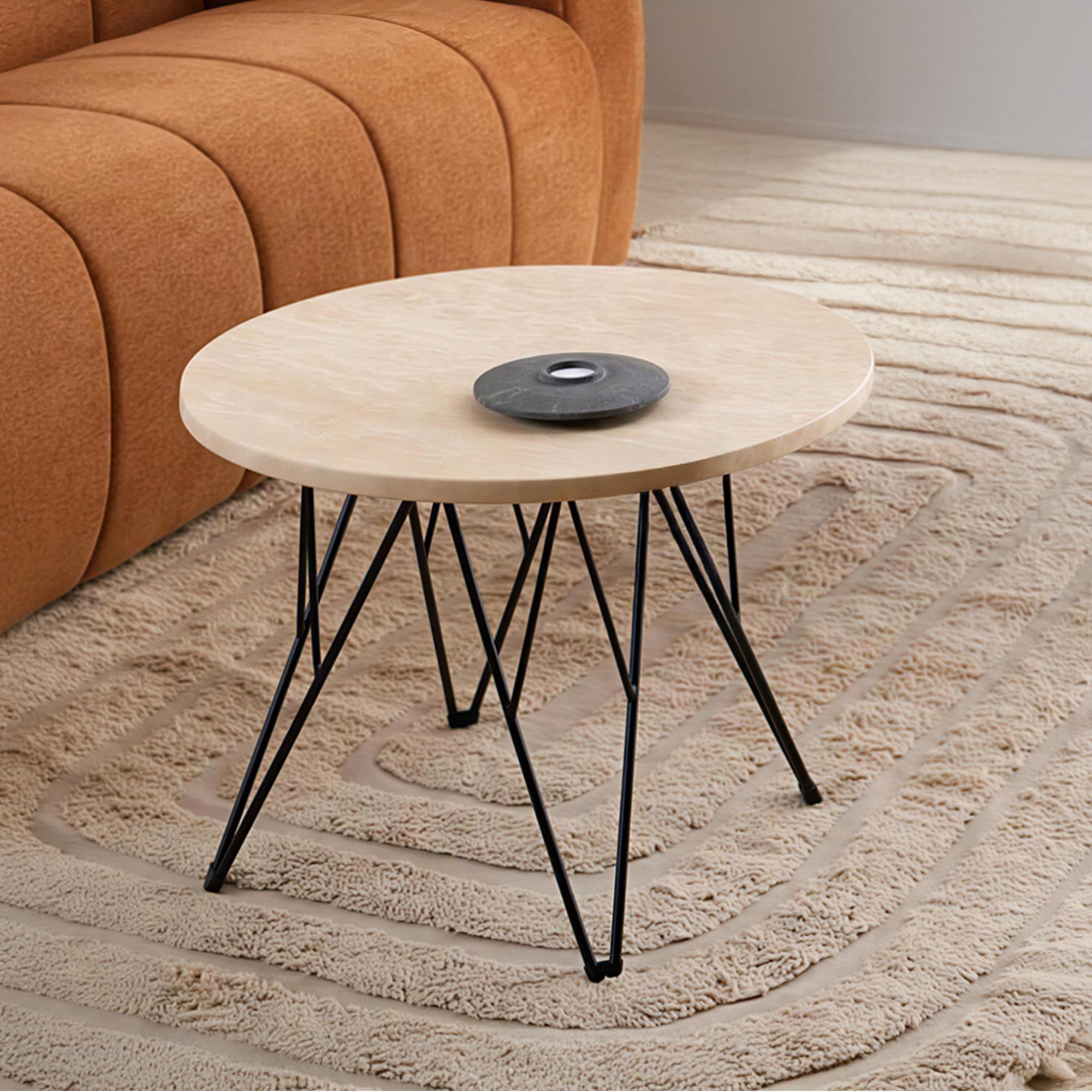 Prunus Side Table - Round - Beige Travertine Effect - with Black Hairpin Legs