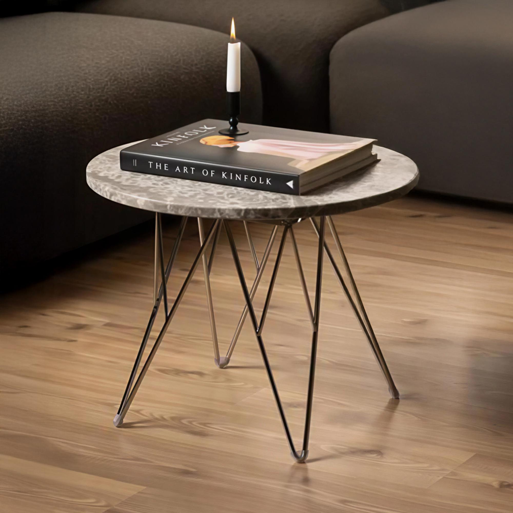 Prunus Side Table - Round - Brown Marble - with Chrome Hairpin Legs