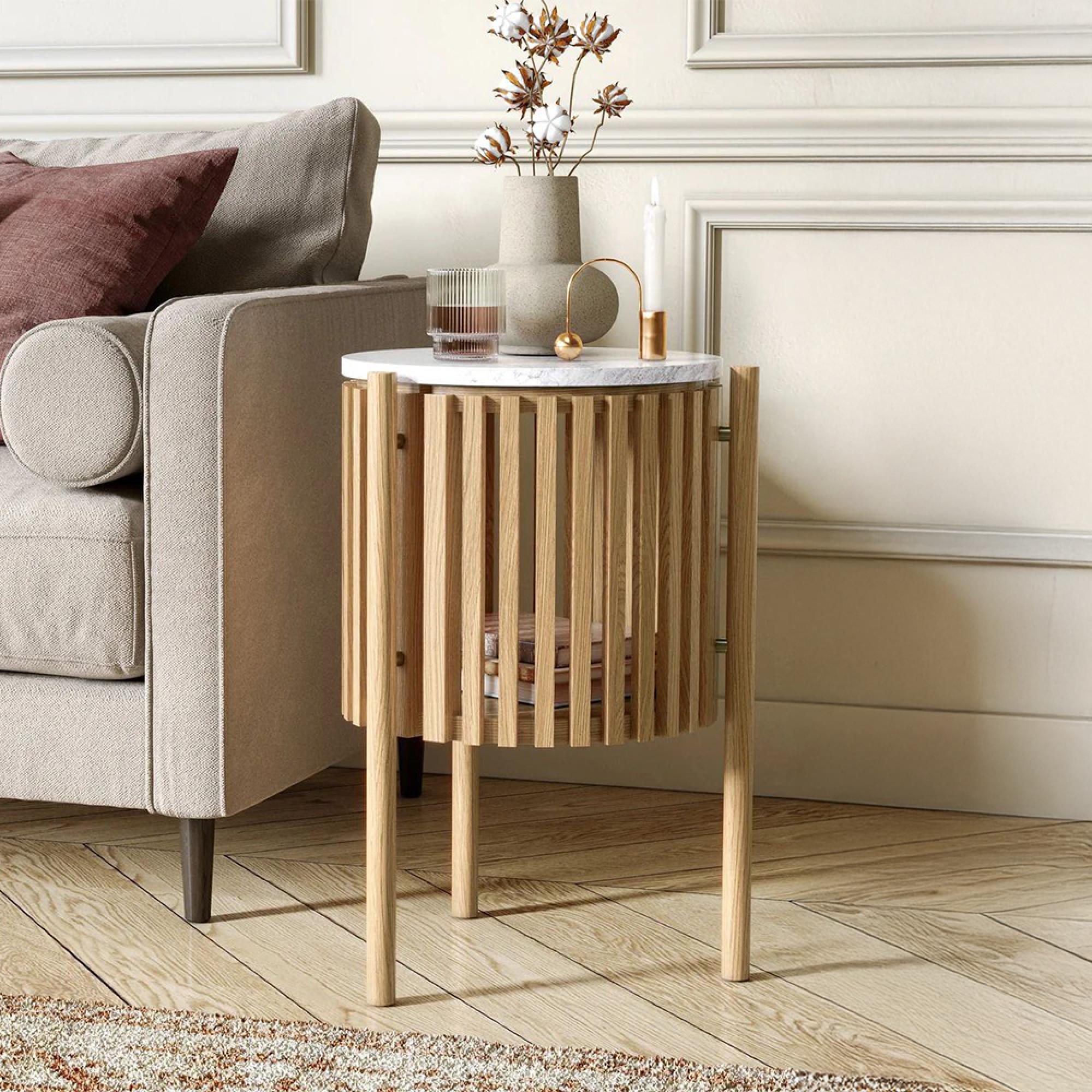Soho Oak Side Table - 1 Door - Story Round Slatted - White Marble Top
