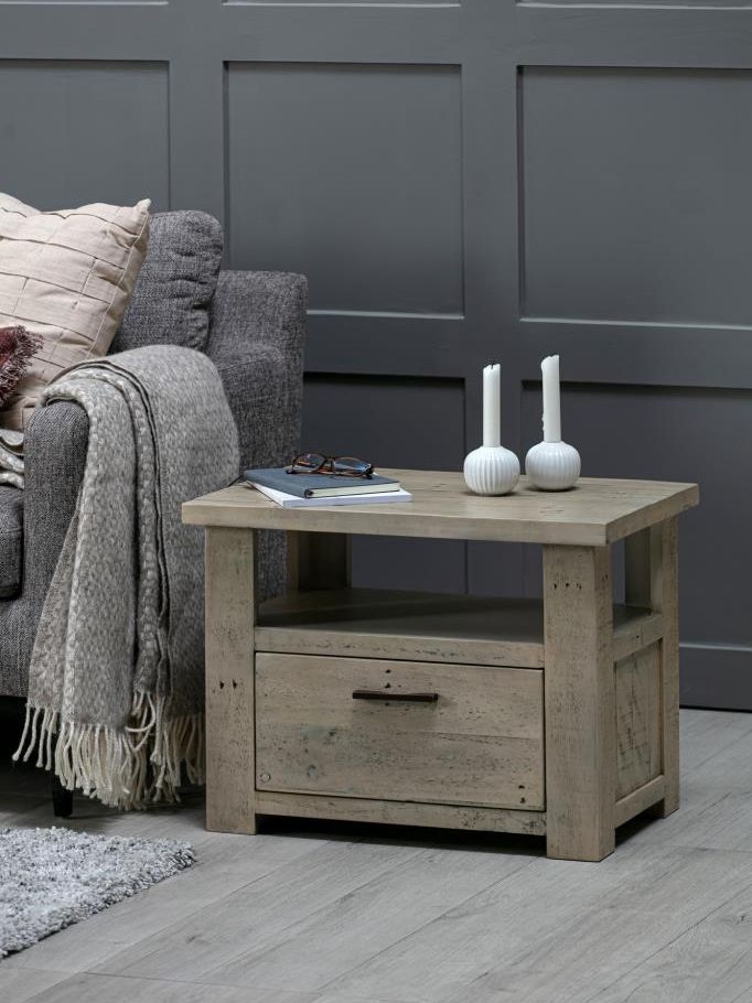 Washed Grey Reclaimed Pine 1 Drawer Lamp Table