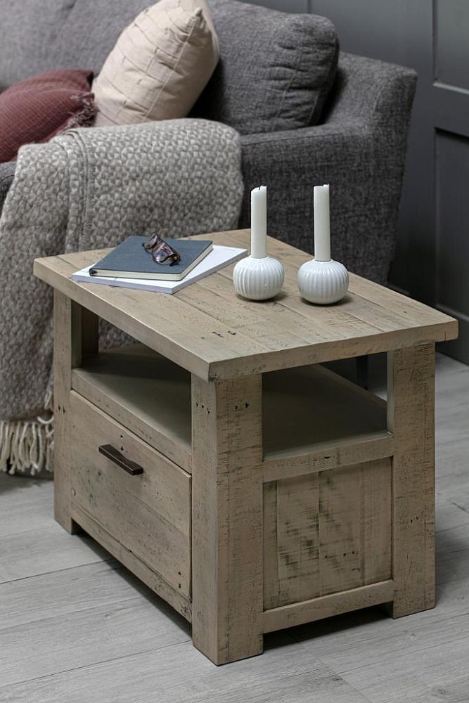 Washed Grey Reclaimed Pine 1 Drawer Lamp Table