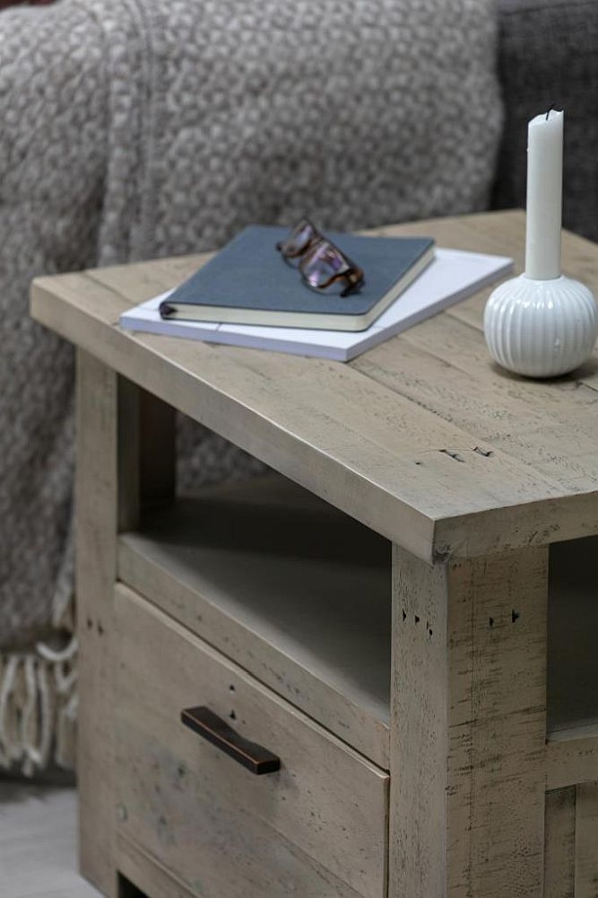 Washed Grey Reclaimed Pine 1 Drawer Lamp Table